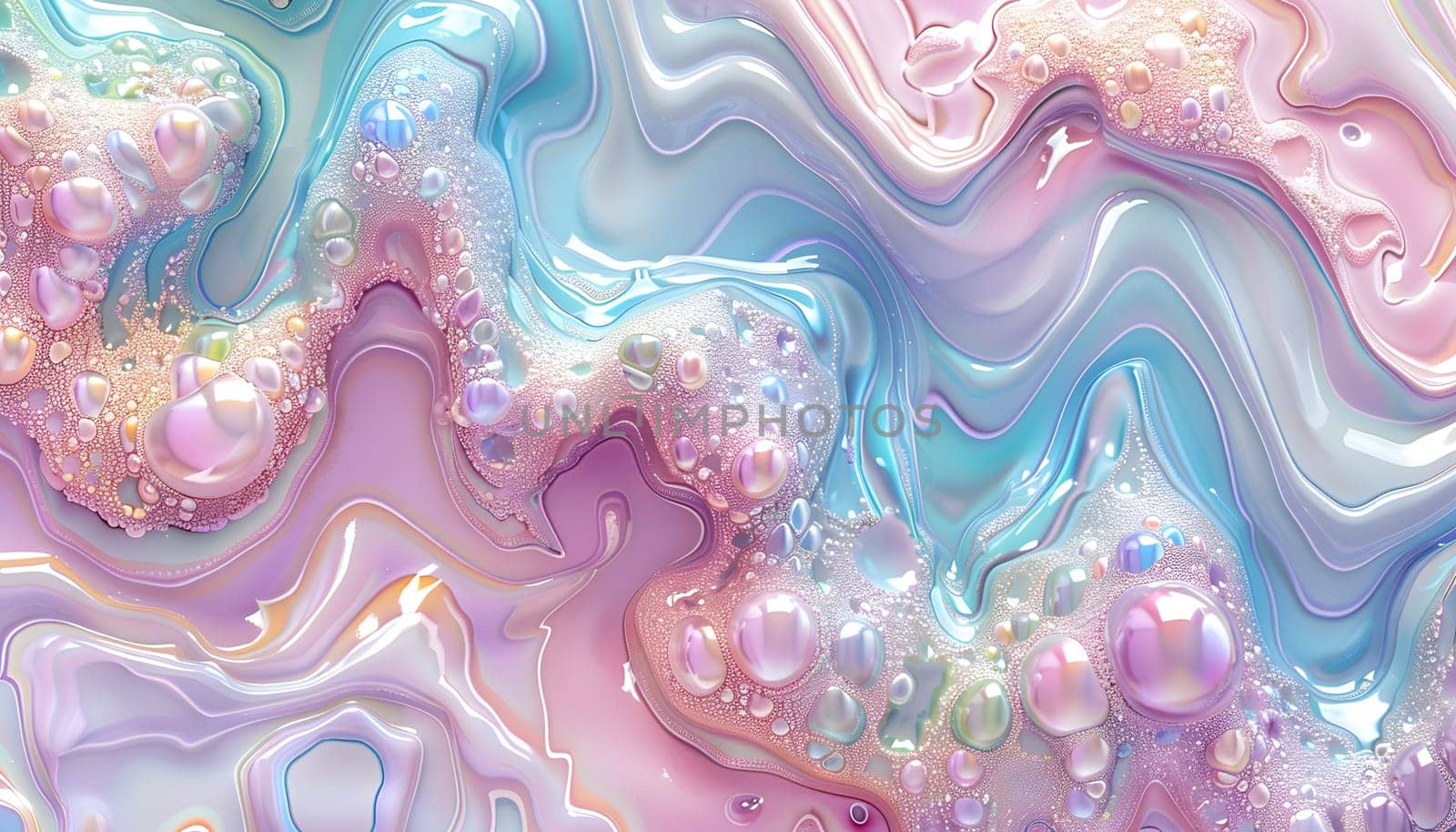 A close up of a vibrant marble texture in shades of azure, violet, and magenta, resembling an organism with bubbles and glitter. A stunning geological phenomenon captured in art on a textile pattern