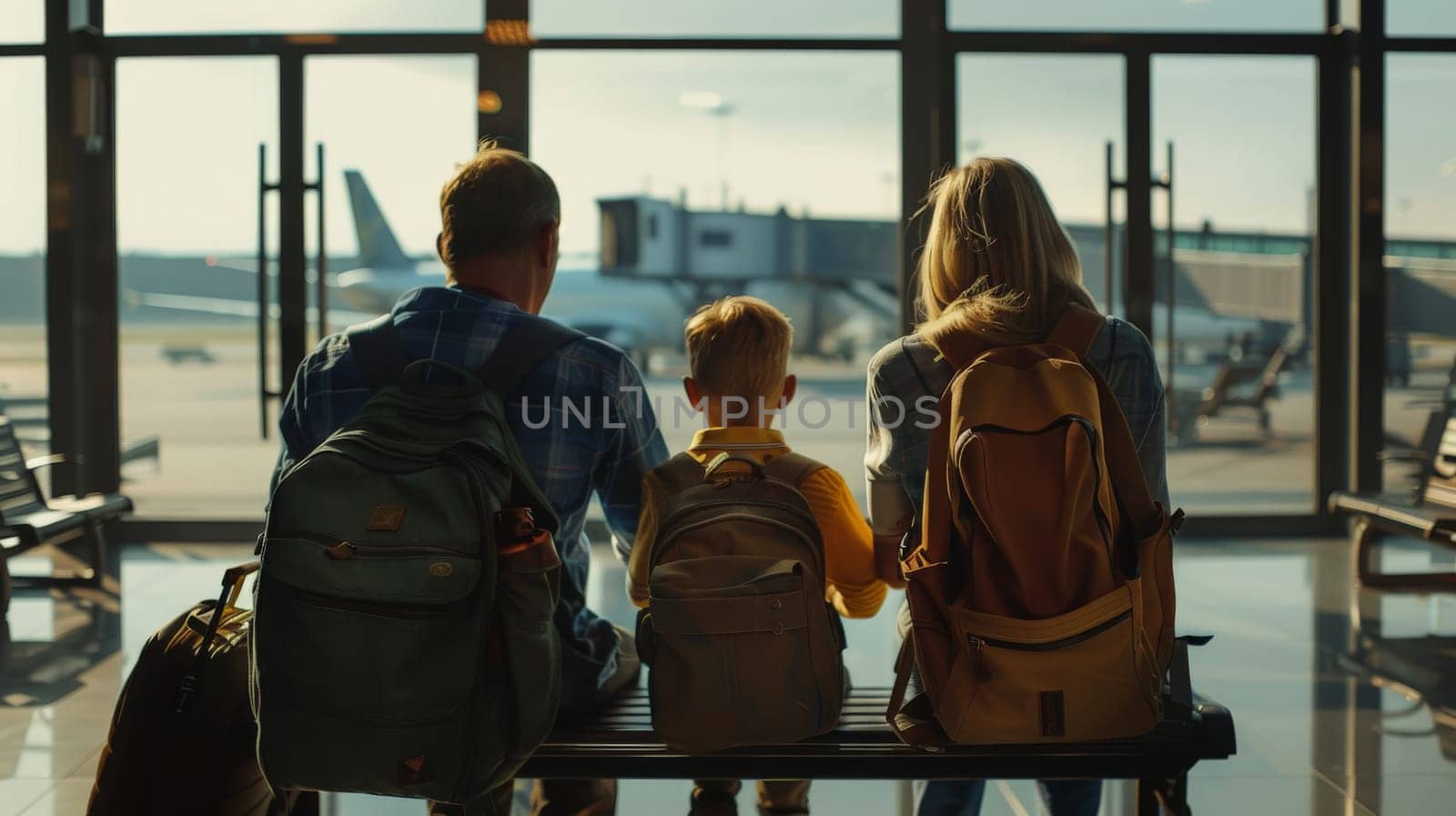 family travel trip, Family waiting in airport terminal, Generative AI by nijieimu