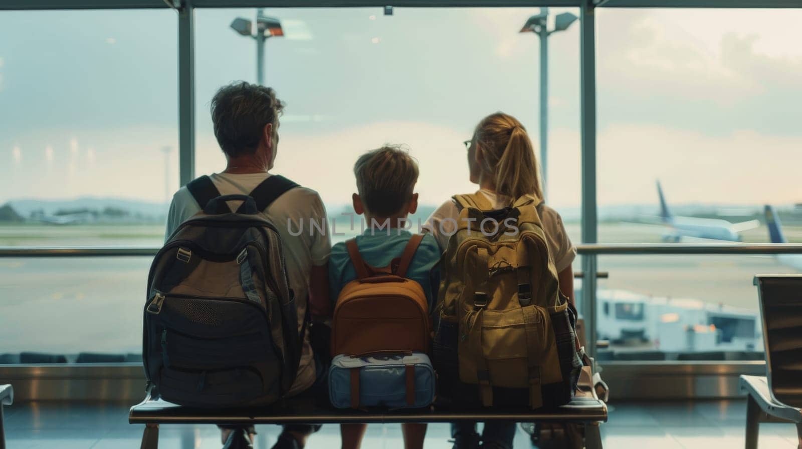 family travel trip, Family waiting in airport terminal, Generative AI.