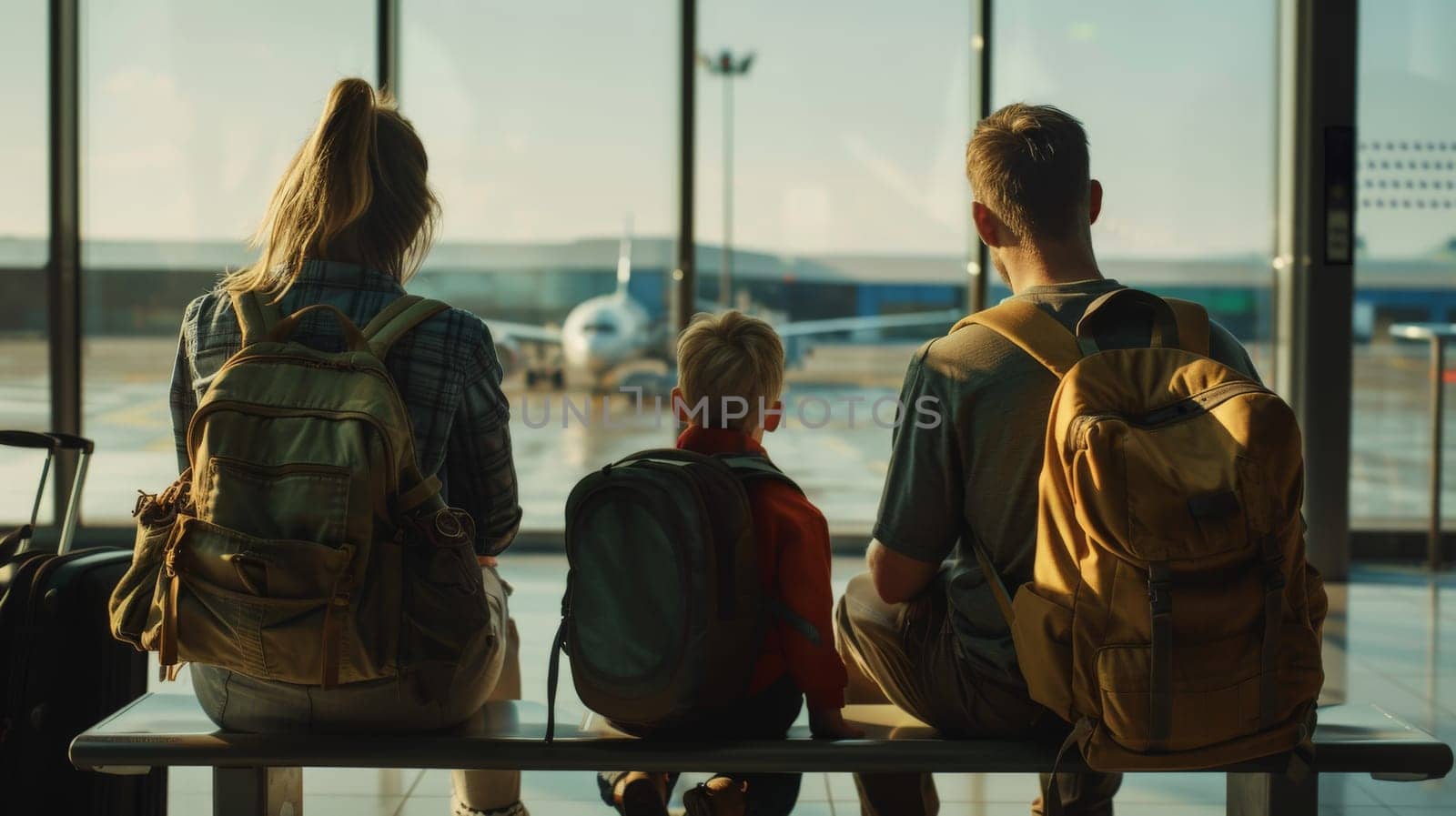 family travel trip, Family waiting in airport terminal, Generative AI.