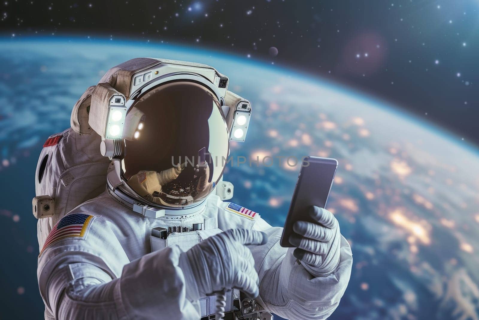 Astronaut using mobile phone in space, Generative AI.