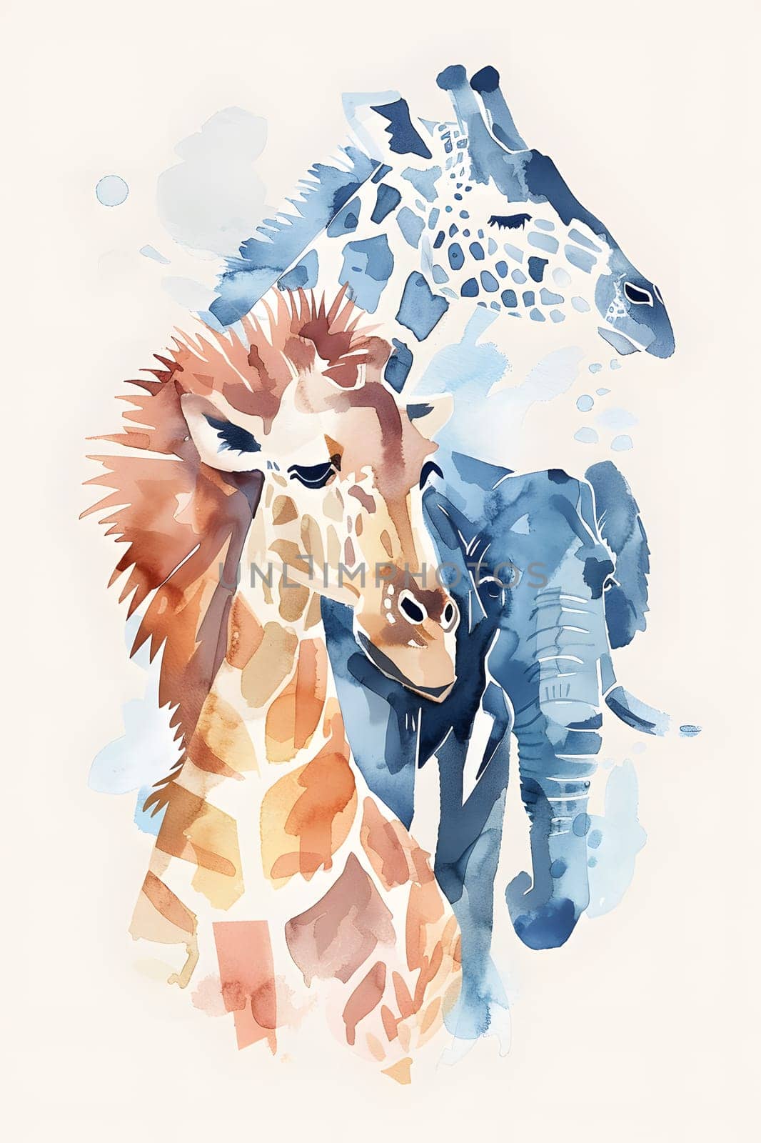 A watercolor painting featuring a giraffe, elephant, and lion in an electric blue sleeve, showcasing the artists intricate patterns and gestures in depicting these terrestrial working animals