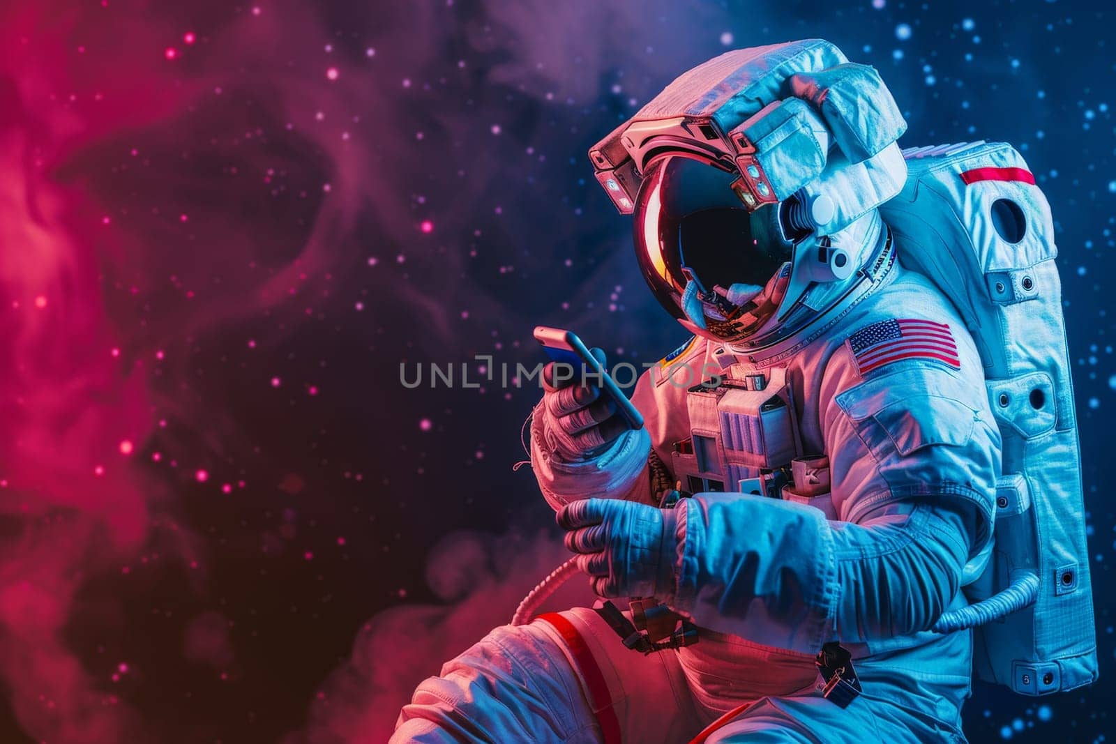 Astronaut using mobile phone in space, Generative AI by nijieimu