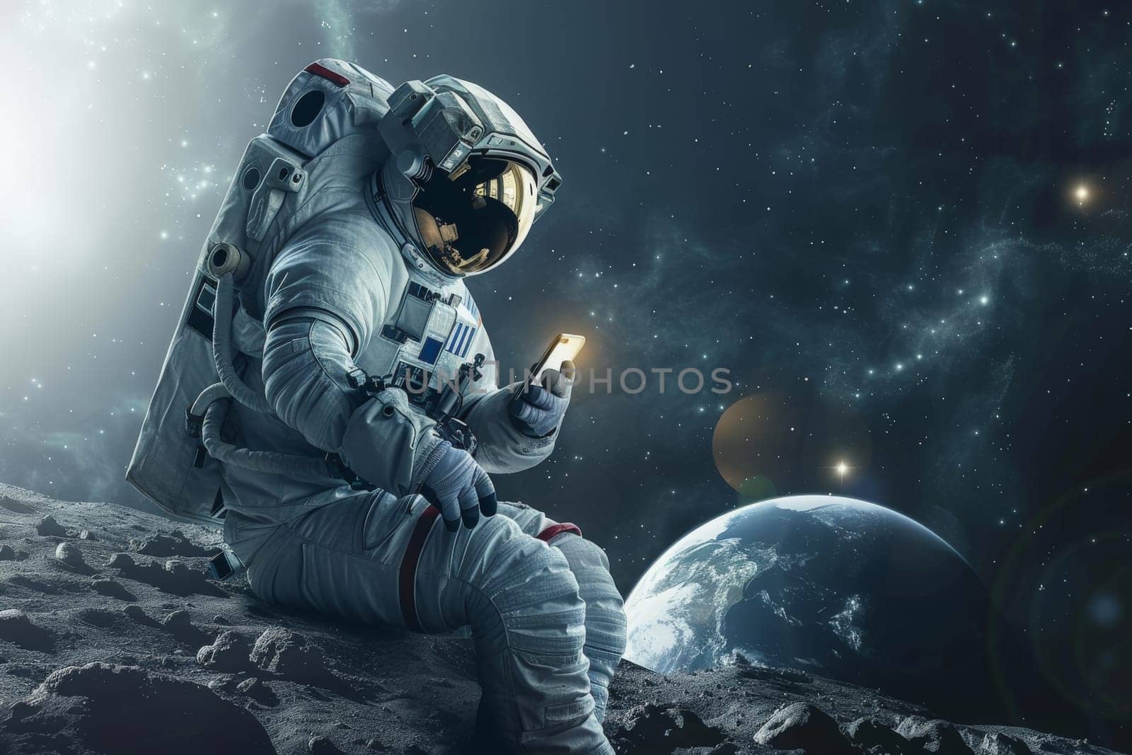 Astronaut using mobile phone in space, Generative AI by nijieimu