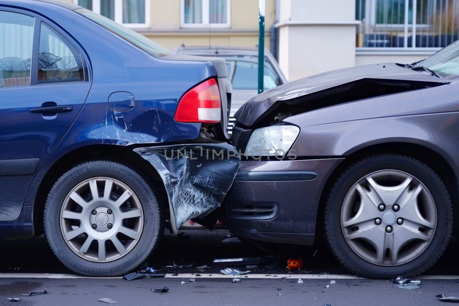 Car accident where fenders smashed into another car, Generative AI.