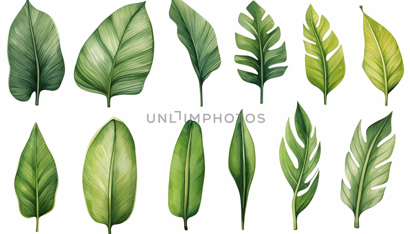 Watercolor drawing set of tropical leaves banana by Nadtochiy