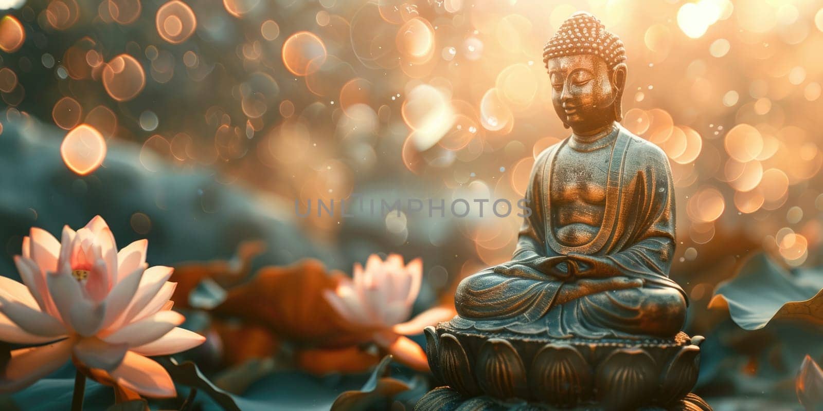 Big stone Buddha statue with lotus flowers outdoors in nature. ai generated by Desperada