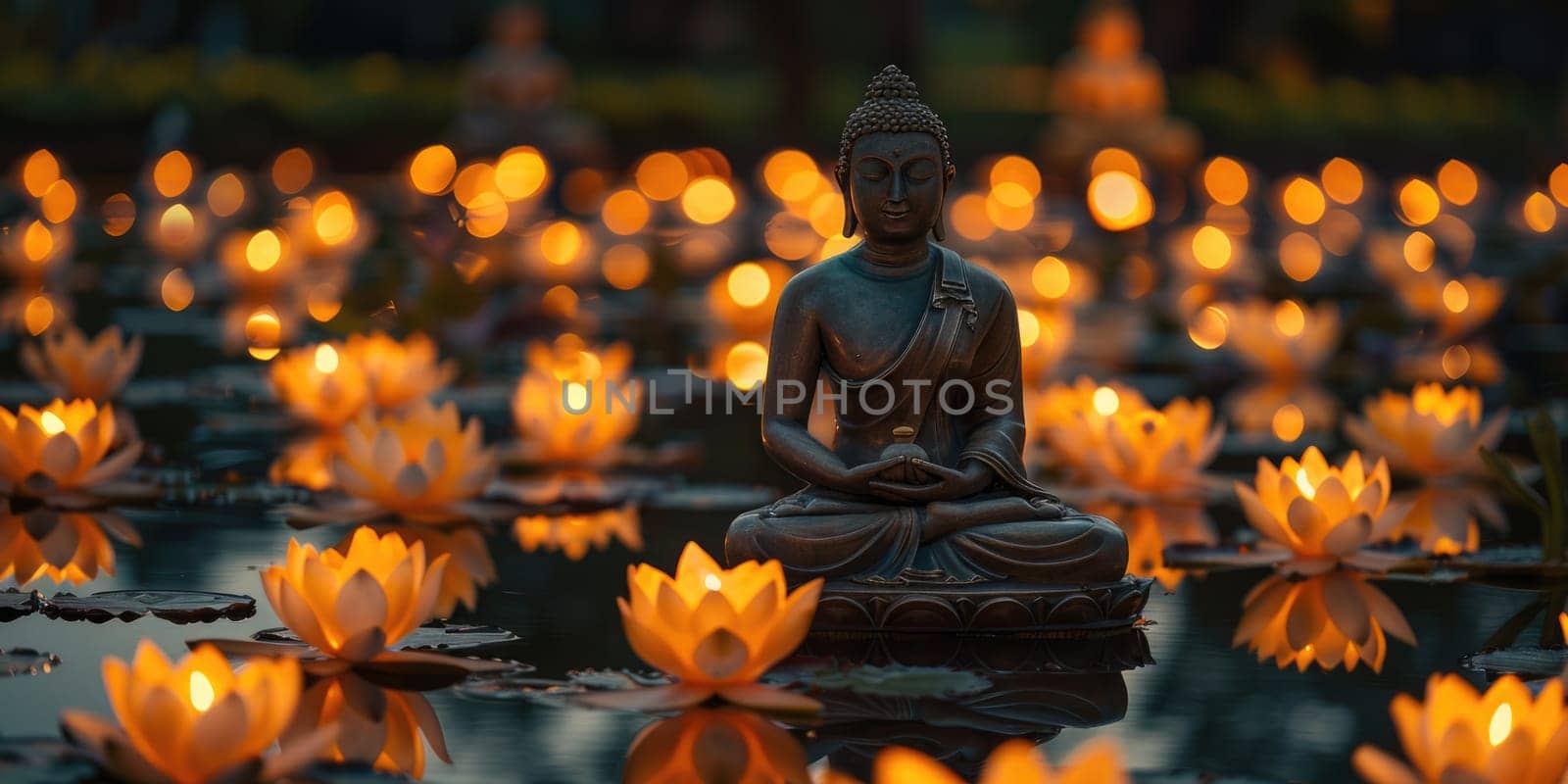 Big stone Buddha statue with lotus flowers outdoors in nature. ai generated by Desperada