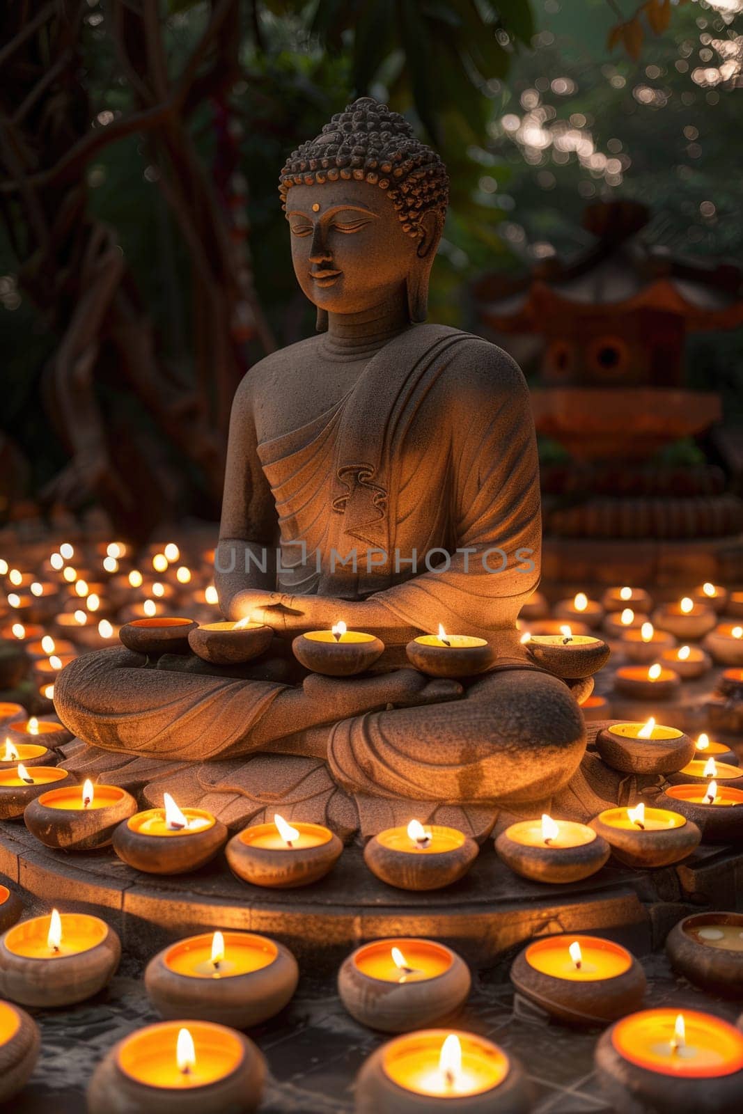 Vesak holiday. Big stone Buddha statue with lotus flowers outdoors in nature in sunset with beautiful bokeh. ai generated