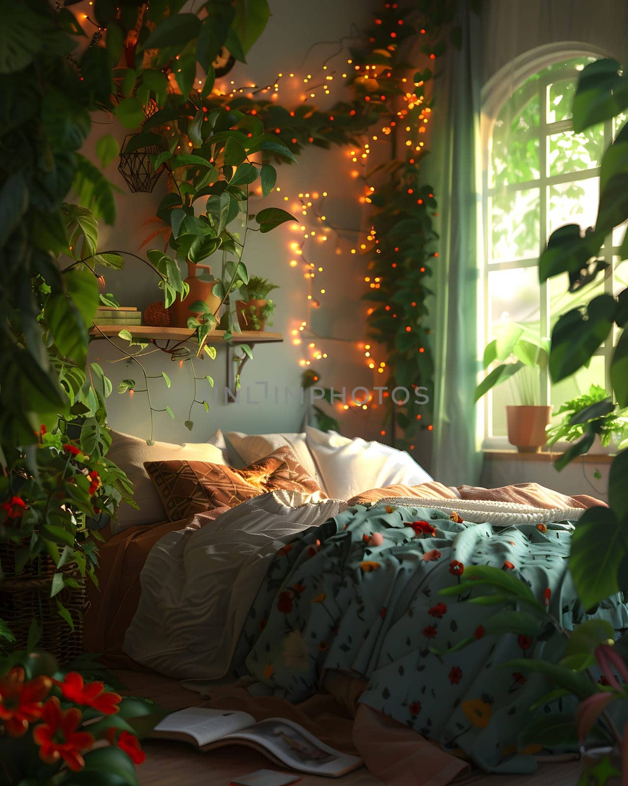 A bedroom with a cozy bed framed by lush houseplants, casting a warm glow with fairy lights. The natural landscape outside the window adds to the serene atmosphere