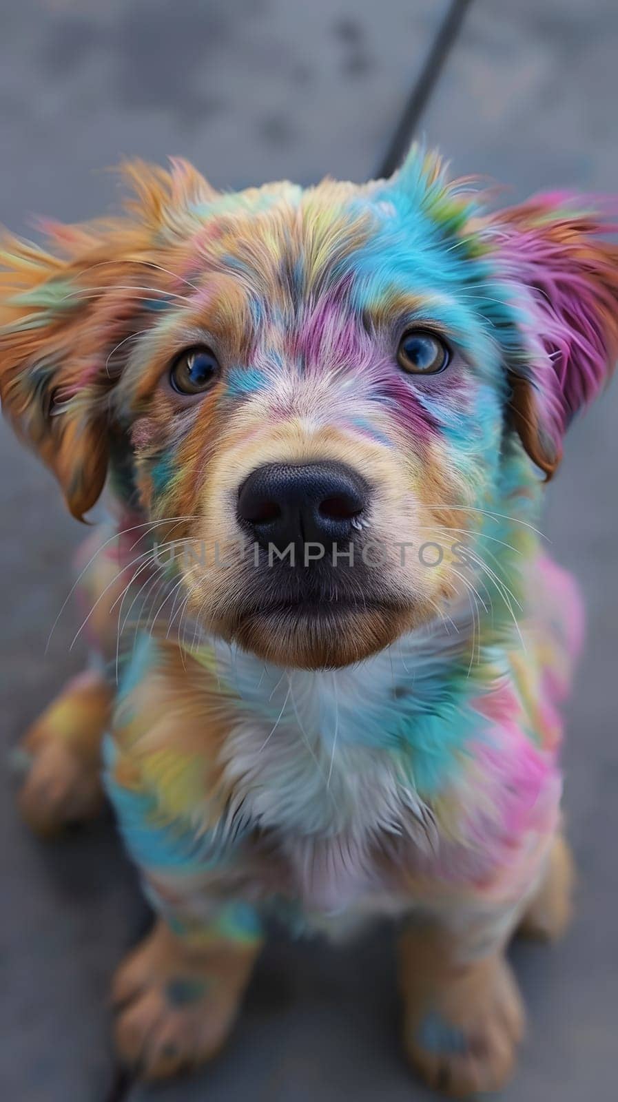 Close up of a carnivorous dog breed covered in vibrant pink and fawn paint. The water dogs snout and livercolored fur make it a colorful companion