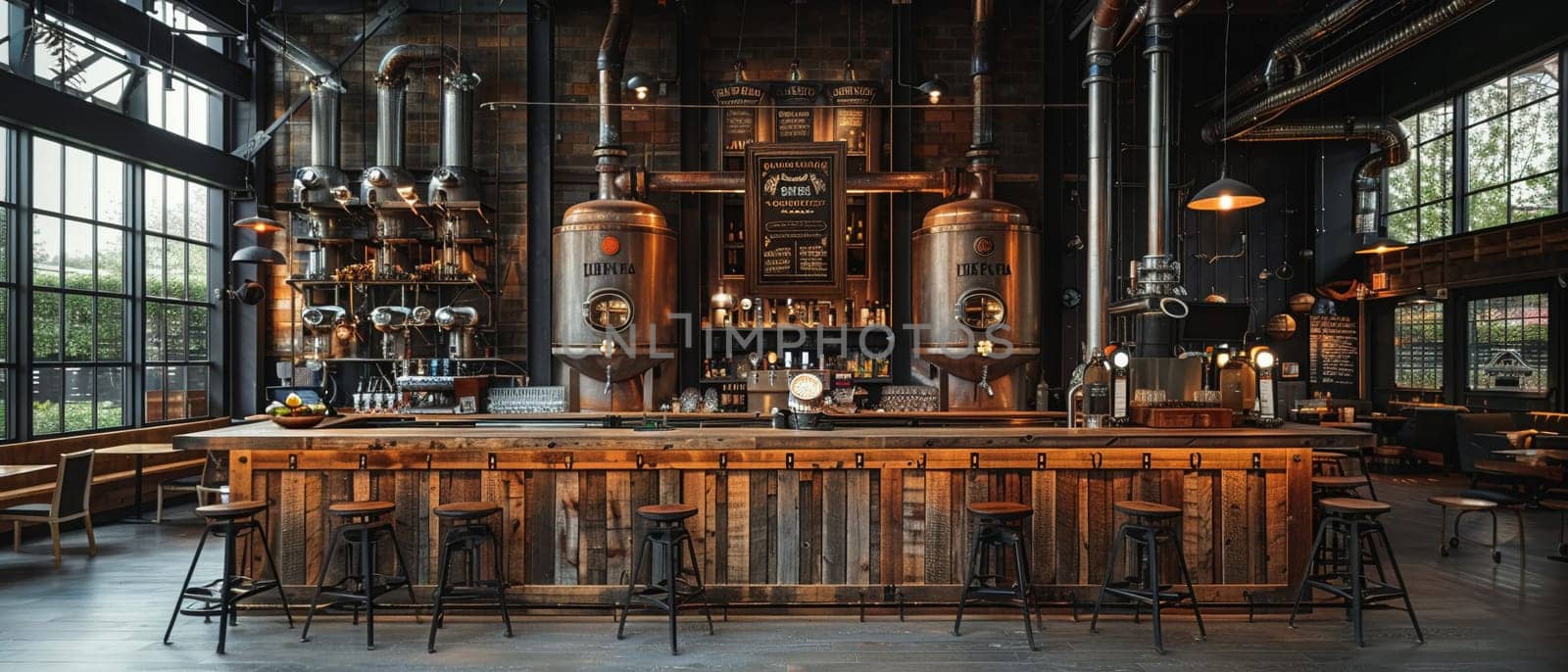 Industrial-style brewery with exposed pipes and a bar made from reclaimed wood