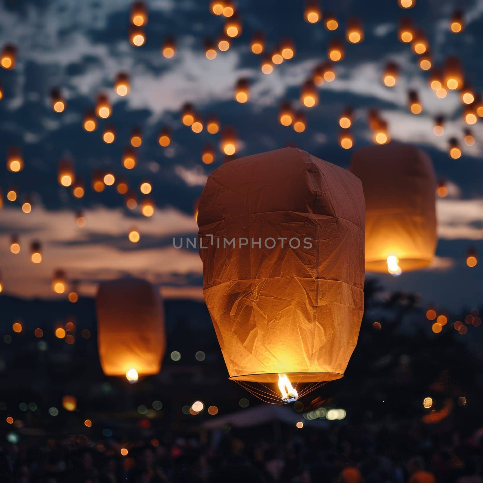 A large group of chinese flying lanterns in night sky. ai generated