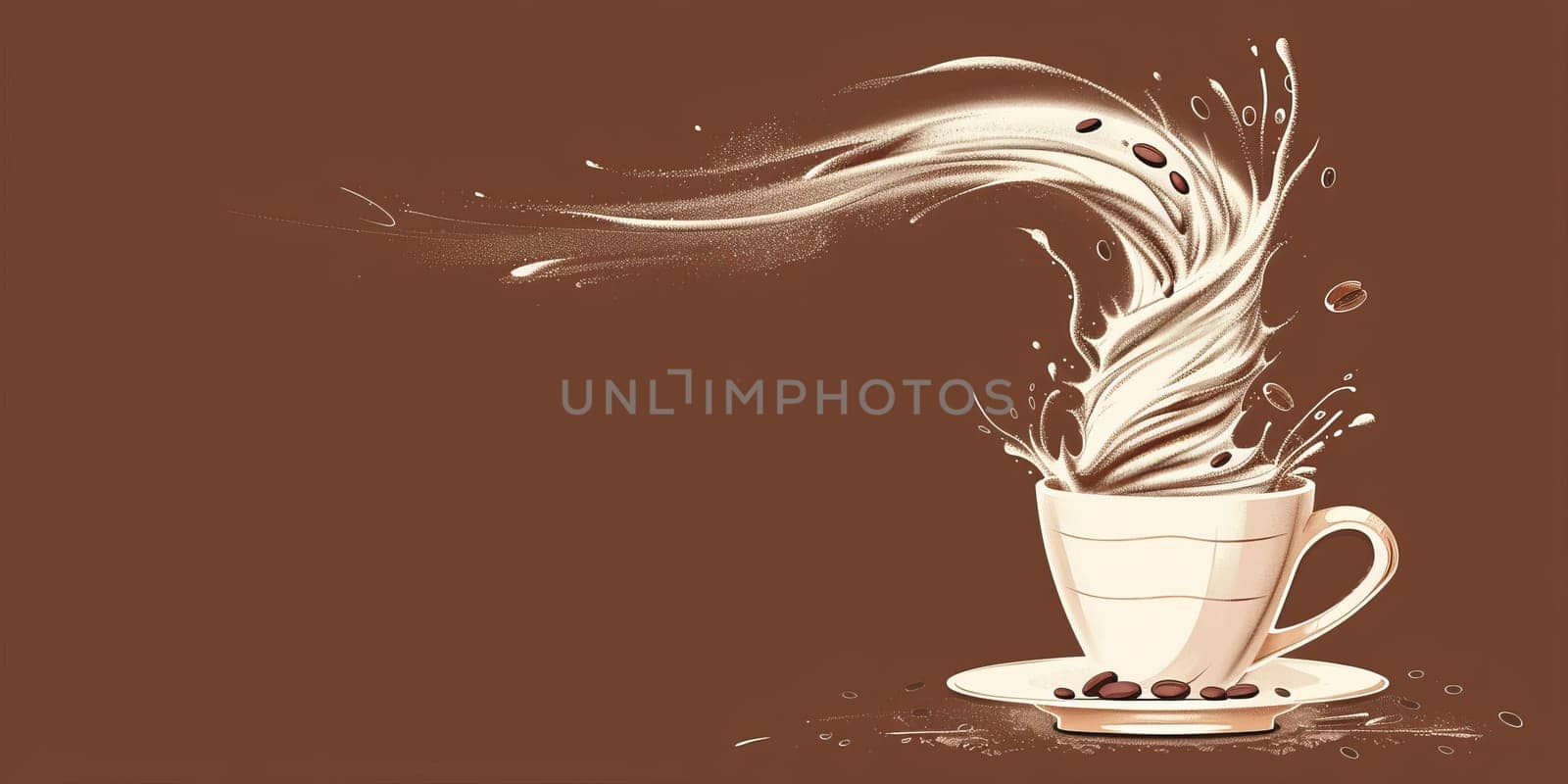 Cup of coffee with a coffee beans as tornado isolated on the bright brown background with copy space