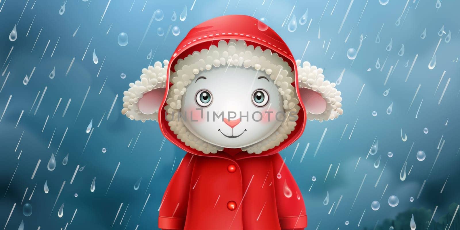 Sheep wearing red raincoat with a raindrops as background