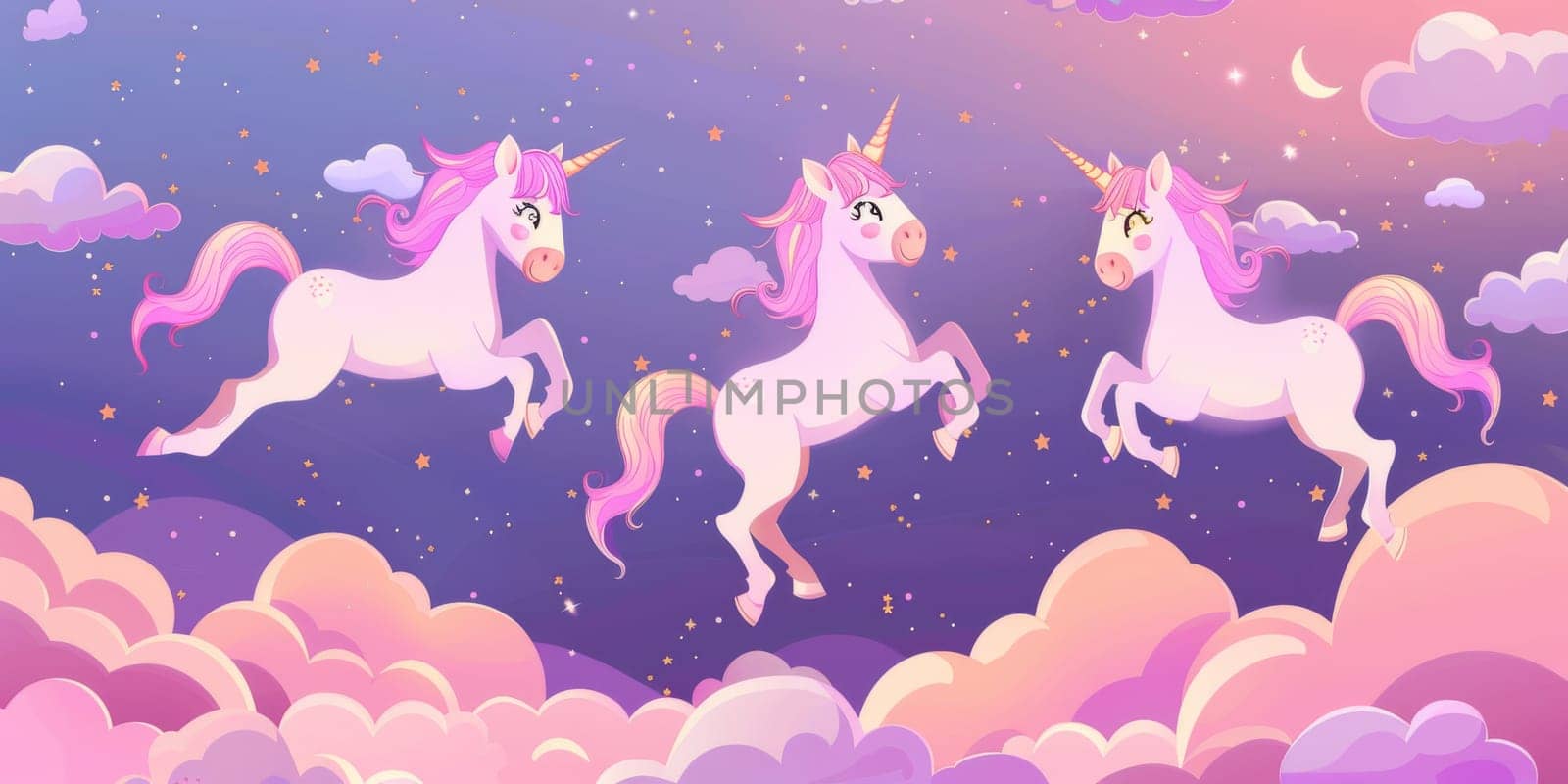 Three pink unicorns jumping on a pink and purple clouds in the sky