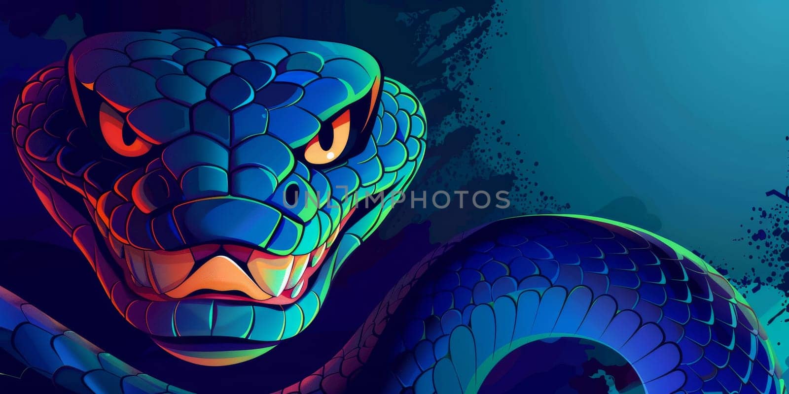 Portrait of angry snake isolated on the dark blue and green background with copy space