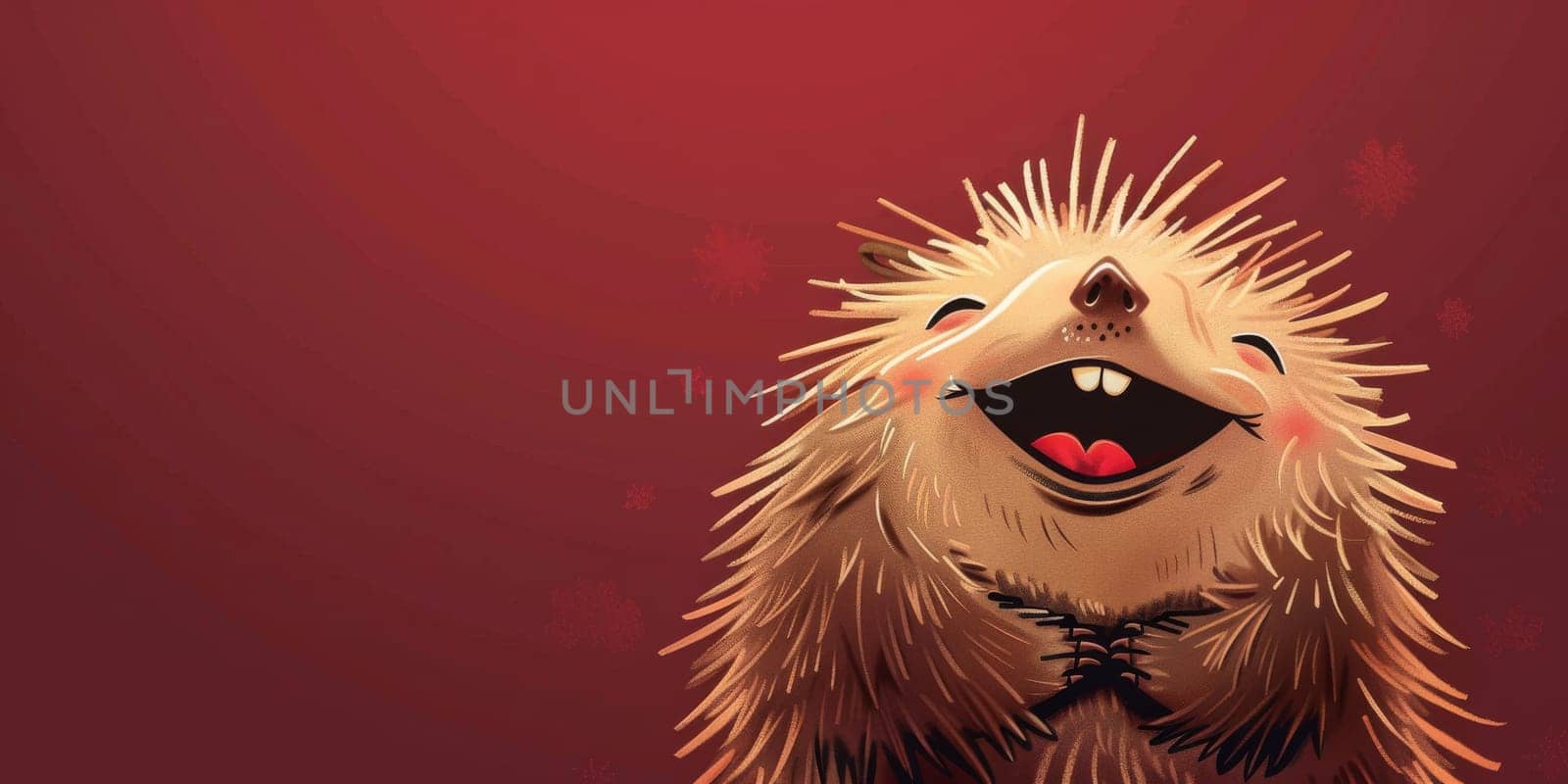 Portrait of smiling and laughing porcupine on the dark red background by Kadula