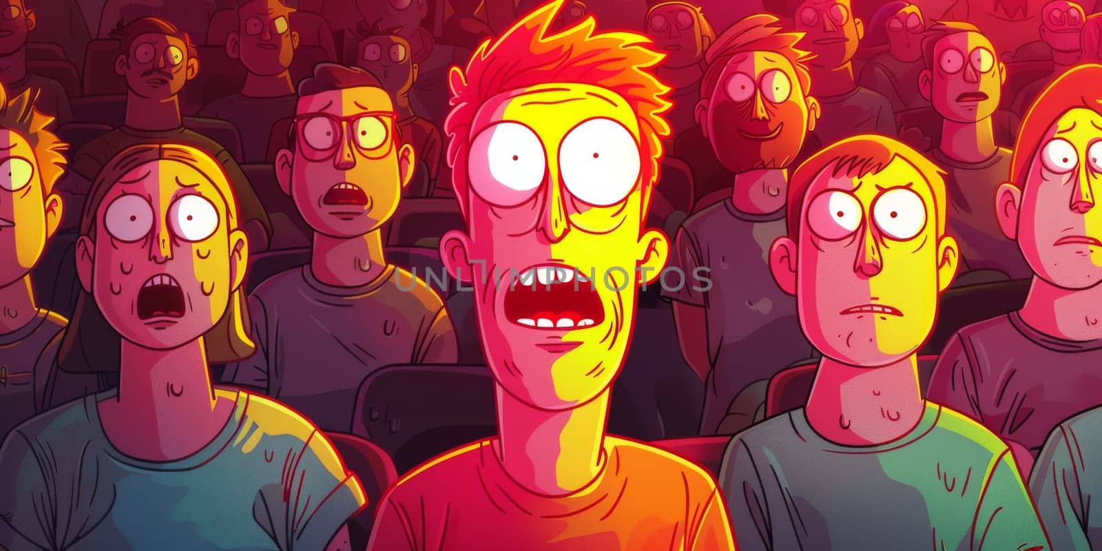 Group of cartoon people looking scared and surprised, shocked
