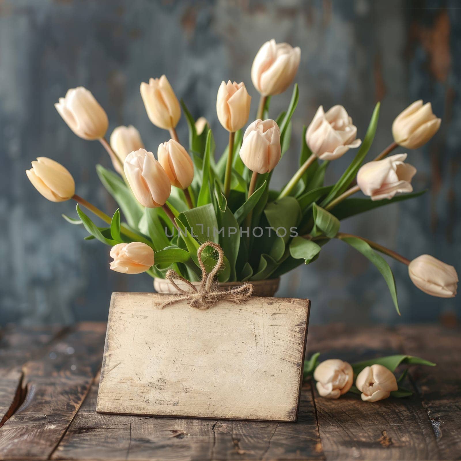 Flowers composition for Valentine's, Mother's or Women's Day. white flowers and card on old white wooden background. ai generated