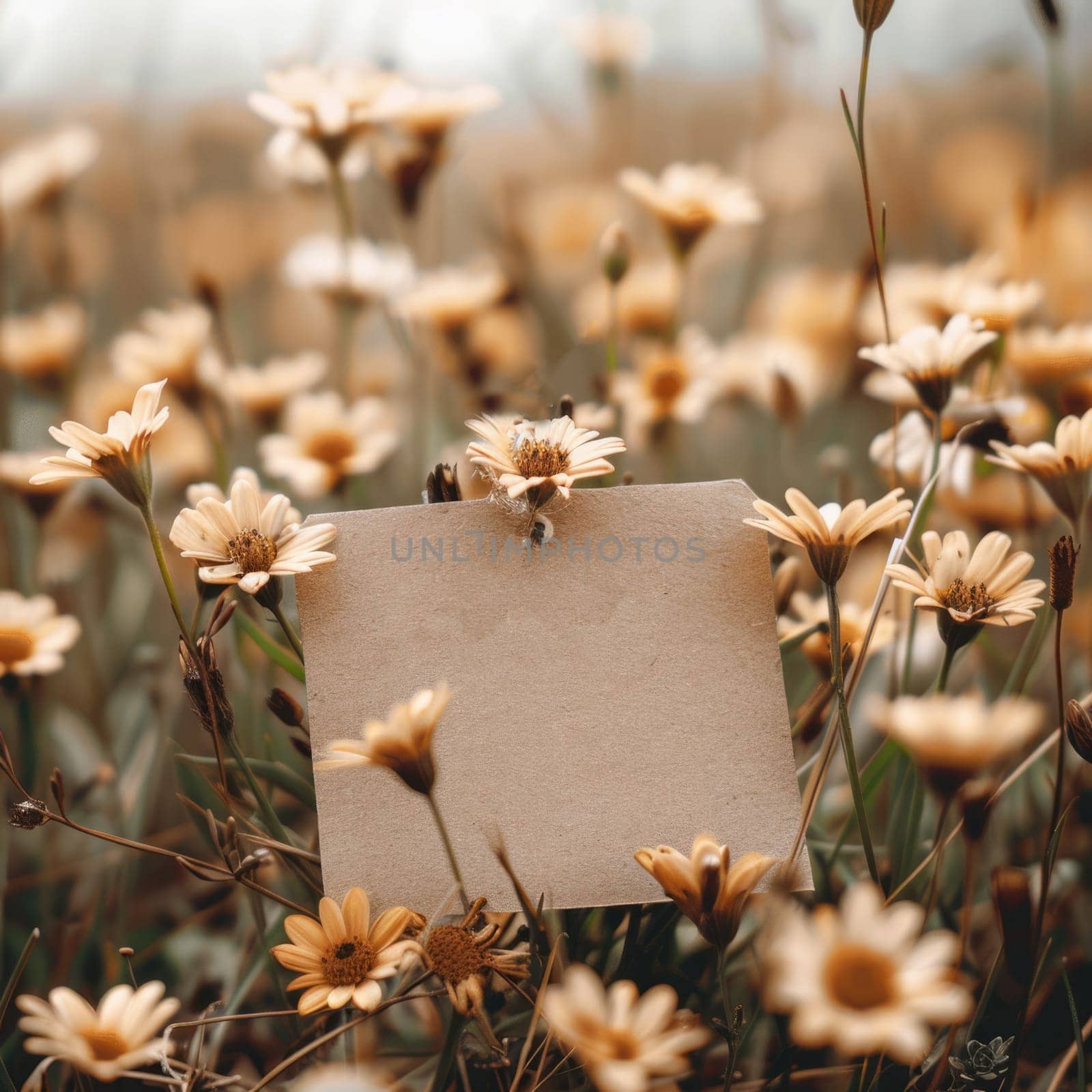 blank card in daisies field, mockup. Flowers composition for Valentine's, Mother's or Women's Day. ai generated by Desperada