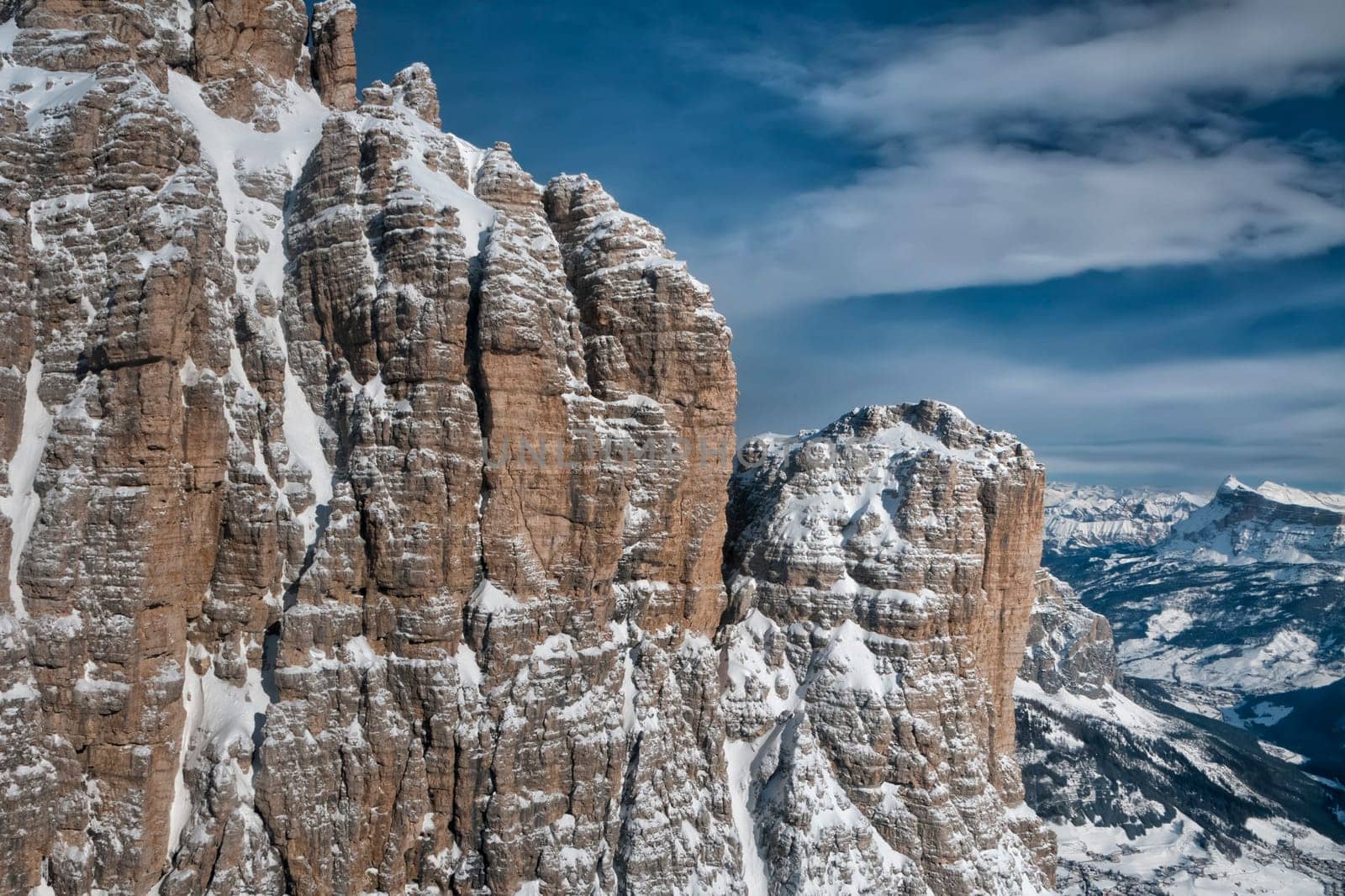 Dolomites aerial sky view in winter