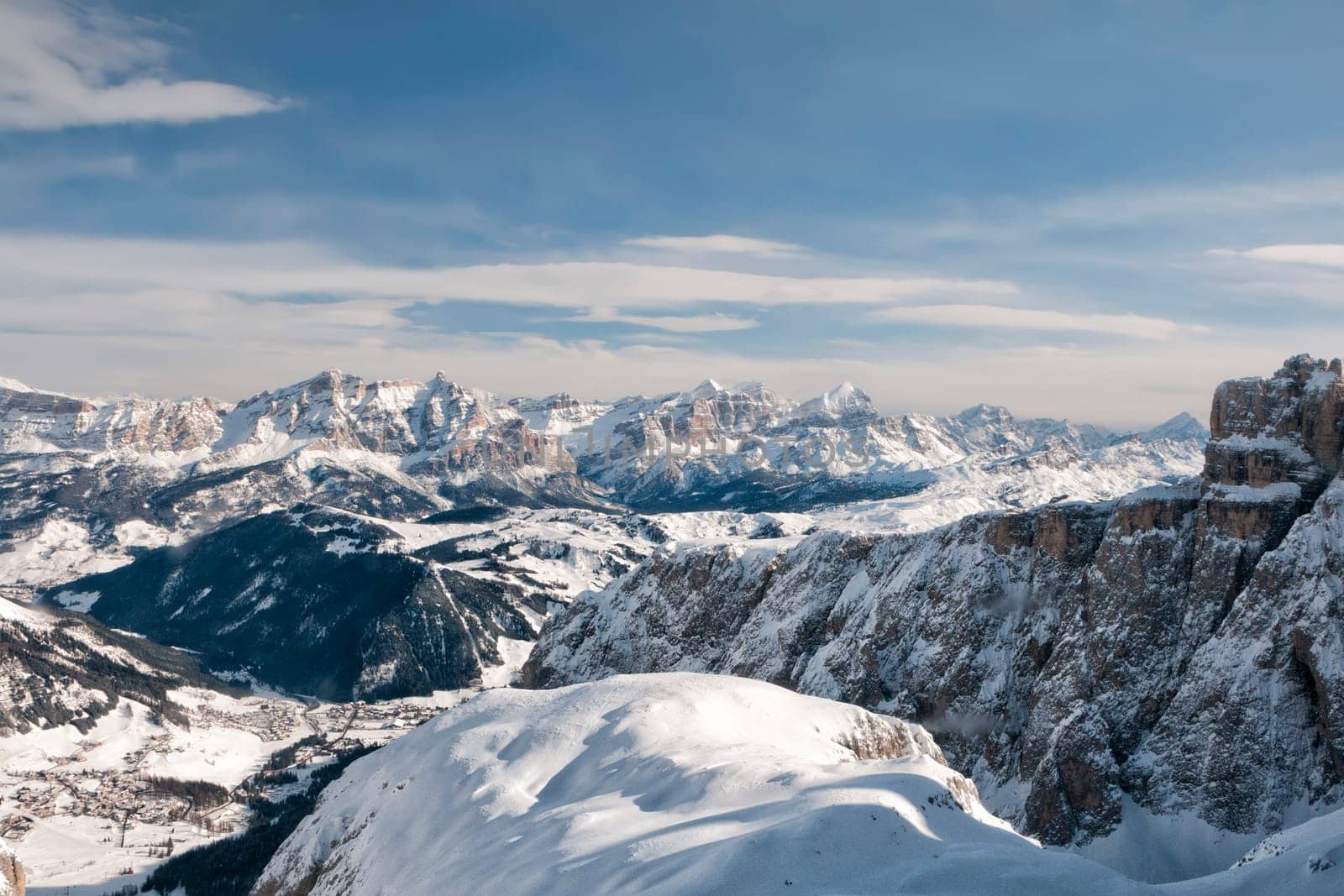 Dolomites aerial sky view in winter