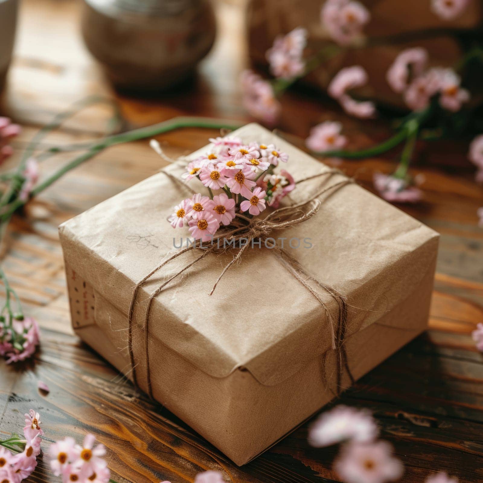 Flowers and gift composition for Valentine's, Mother's or Women's Day. Pink flowers and craft paper gift box on old white wooden background. ai generated