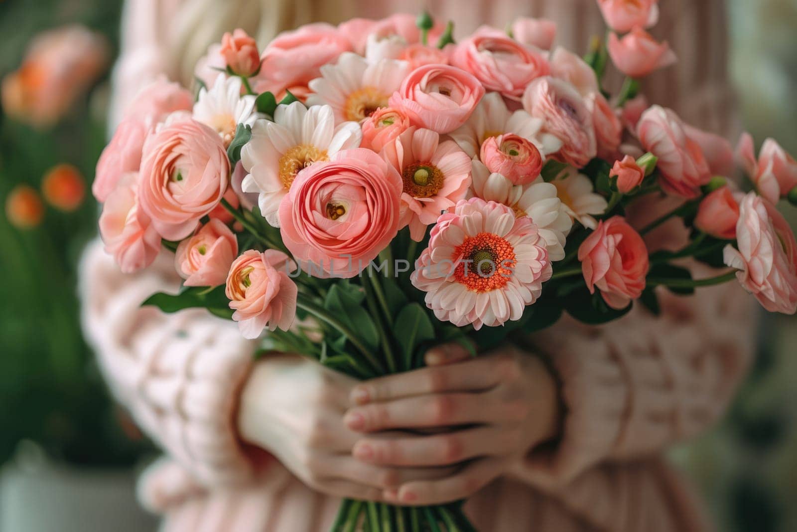 International Women's Day. woman holding beautiful pink spring bouquet of flowers . ai generated