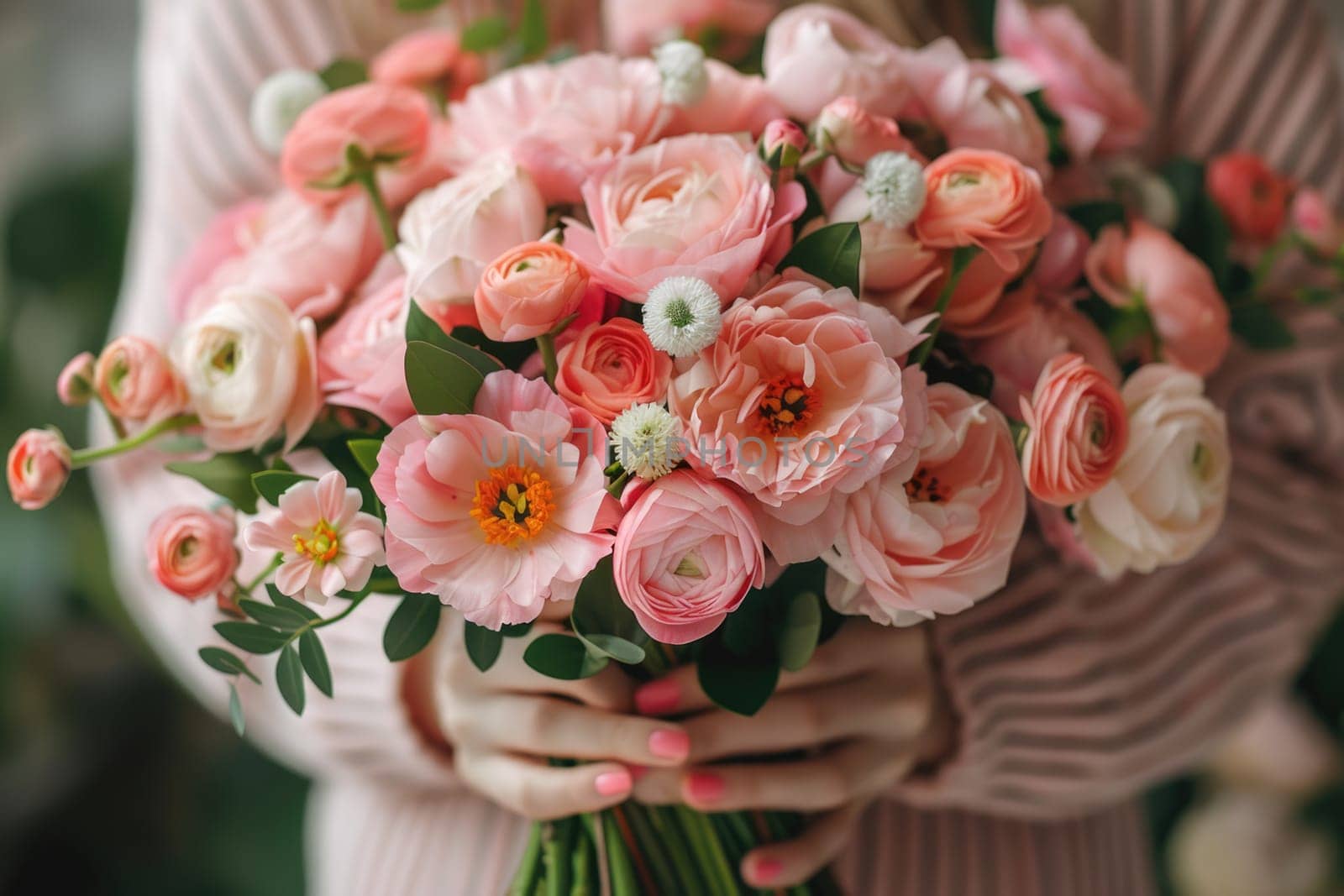 International Women's Day. woman holding beautiful pink spring bouquet of flowers . ai generated