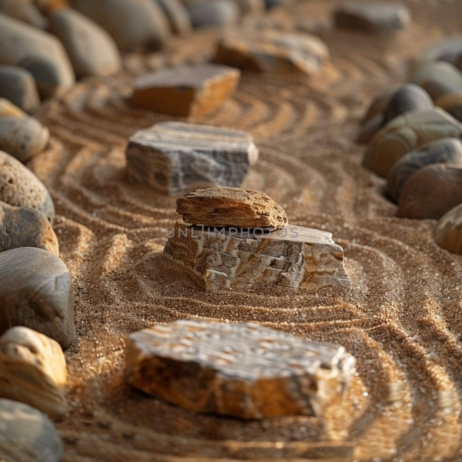 Tranquil Zen garden with raked sand and stones, suggesting peace and meditation.