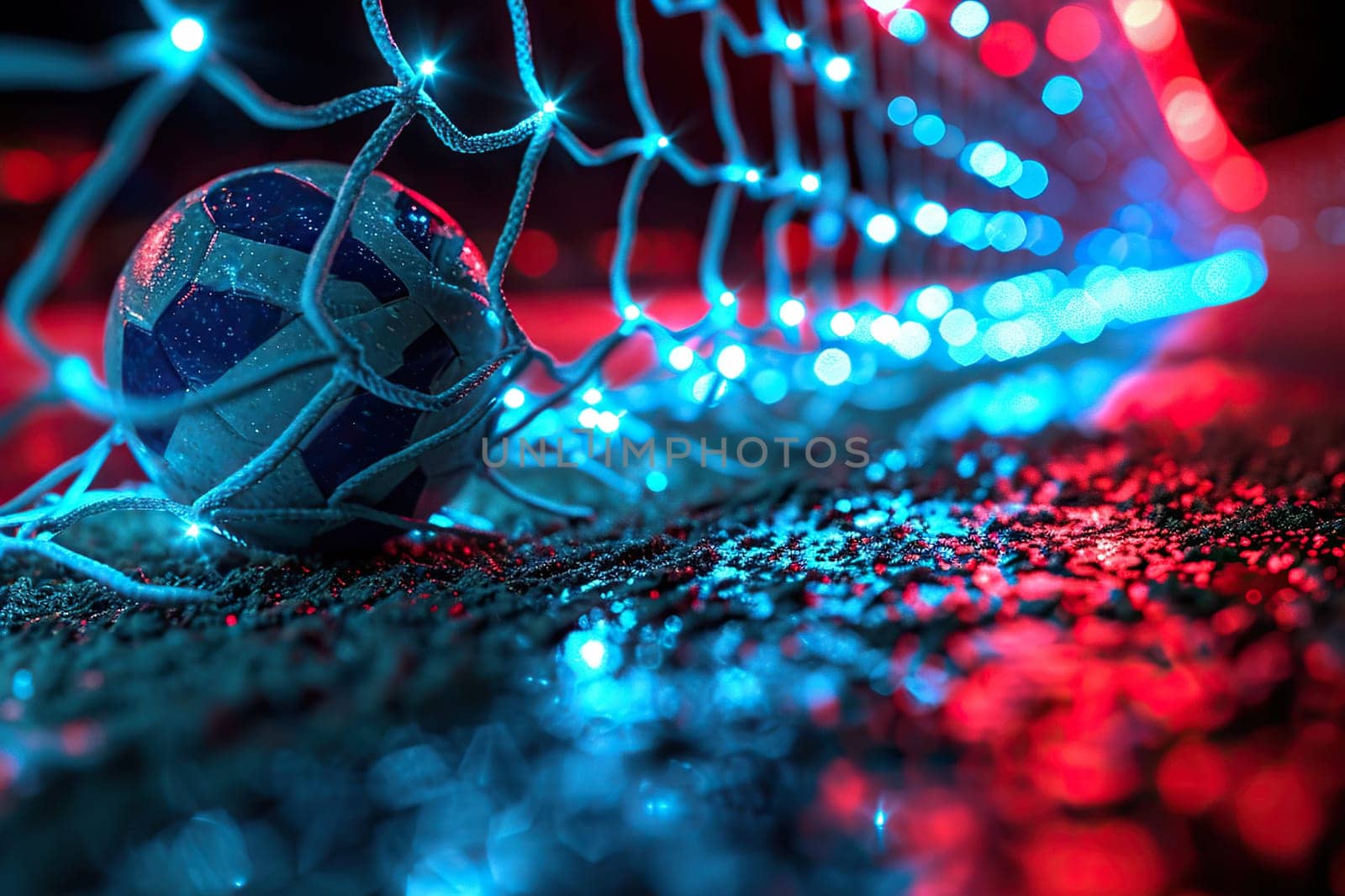 A soccer ball in a goal with a net in a neon glow.