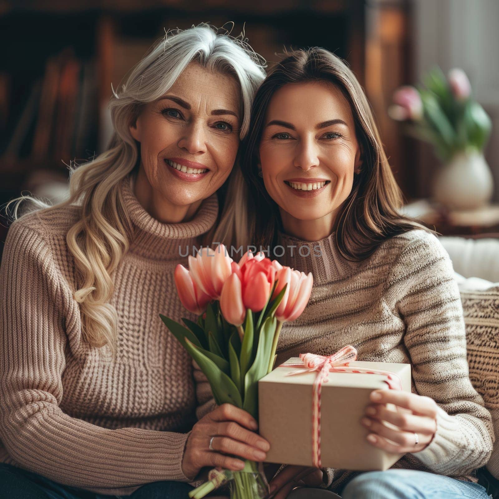 Happy mother's day! grown up daughter congratulates mom and gives her flowers. Mum and daughter smiling and hugging. Family holiday and togetherness. ai generated