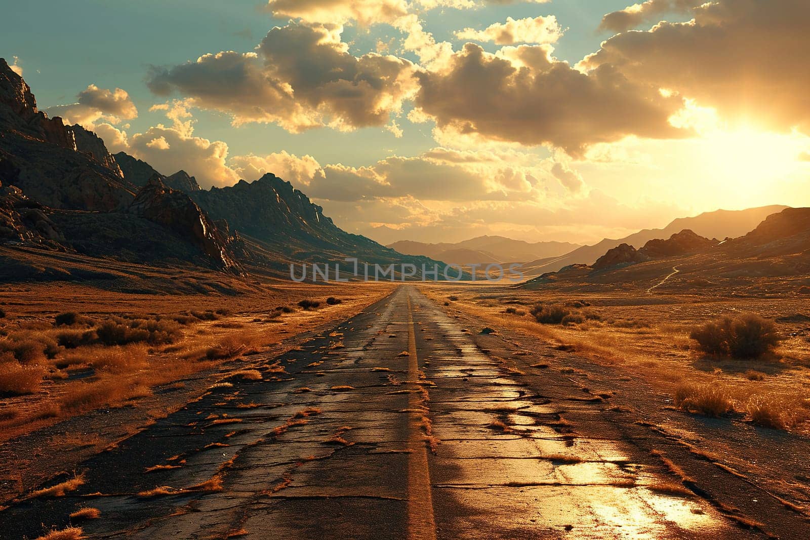 An old asphalt road in the middle of the desert in the light of the sun. Generated by artificial intelligence by Vovmar