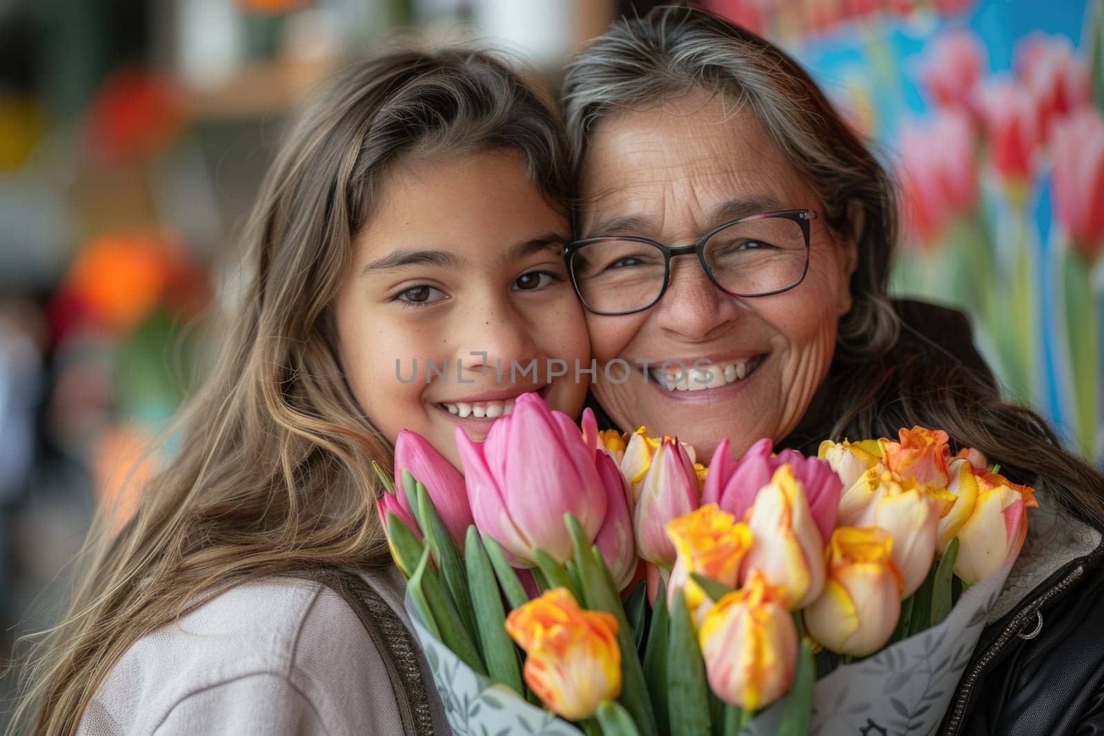 Happy mother's day! Child daughter congratulates mom and gives her flowers. Mum and girl smiling and hugging. Family holiday and togetherness. ai generated