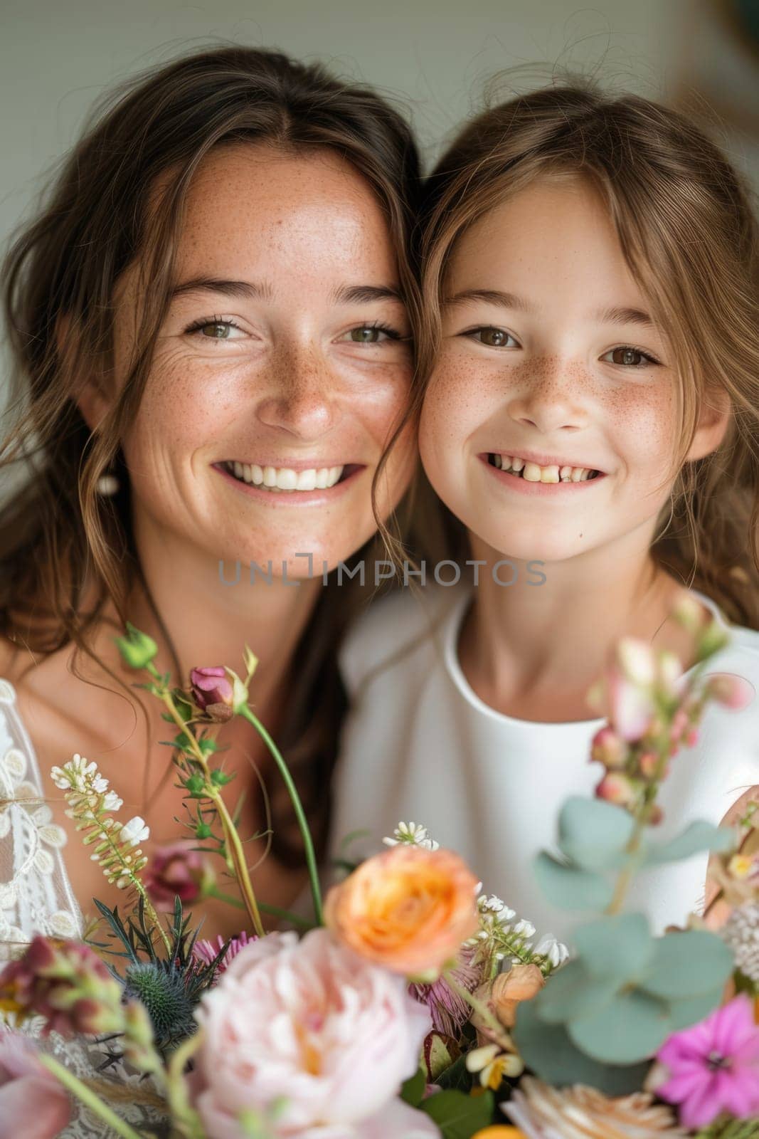 Happy mother's day! Child daughter congratulates mom and gives her flowers. Mum and girl smiling and hugging. Family holiday and togetherness. ai generated