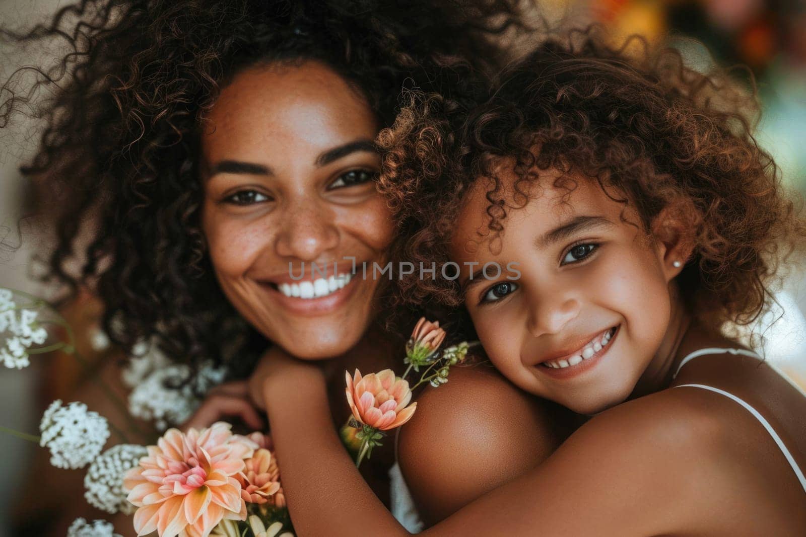 Happy mother's day! Child daughter congratulates mom and gives her flowers. Mum and girl smiling and hugging. Family holiday and togetherness. ai generated