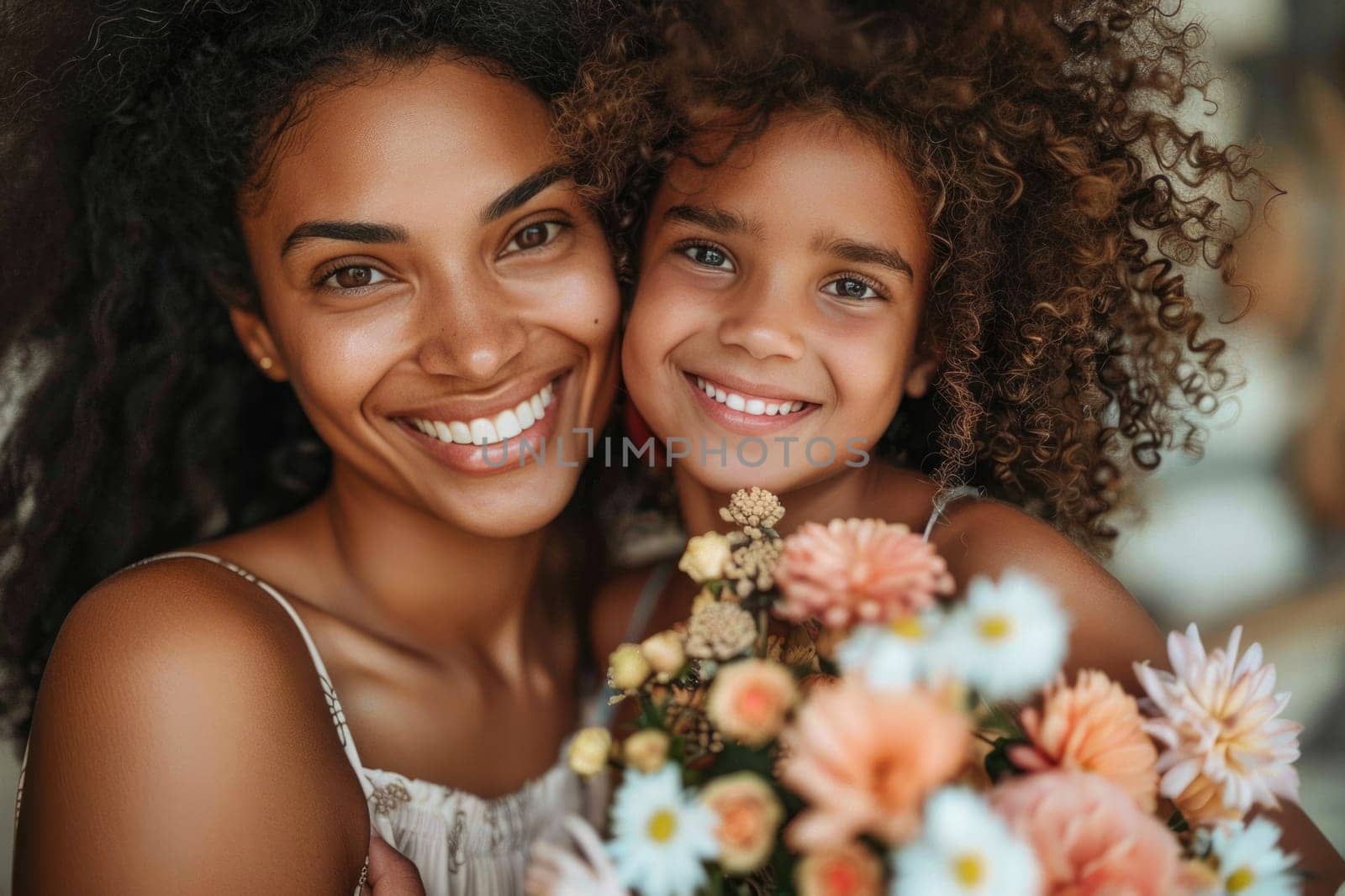 Happy mother's day! Child daughter congratulates mom and gives her flowers. Mum and girl smiling and hugging. Family holiday and togetherness. ai generated