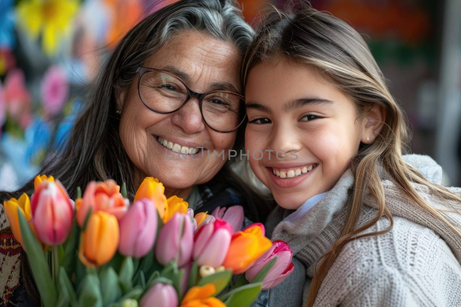 Happy mother's day! Child daughter congratulates mom and gives her flowers. Mum and girl smiling and hugging. Family holiday and togetherness. ai generated