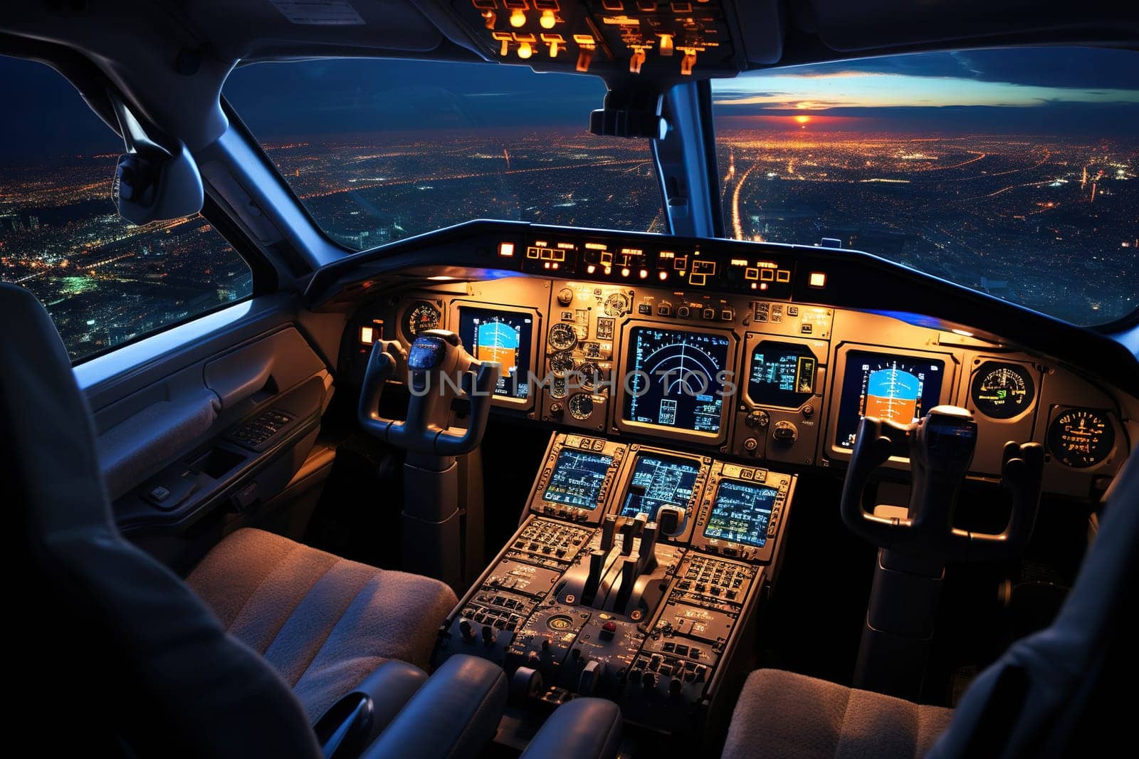 Inside view of an airplane cockpit with a glowing instrument panel. Generated by artificial intelligence by Vovmar