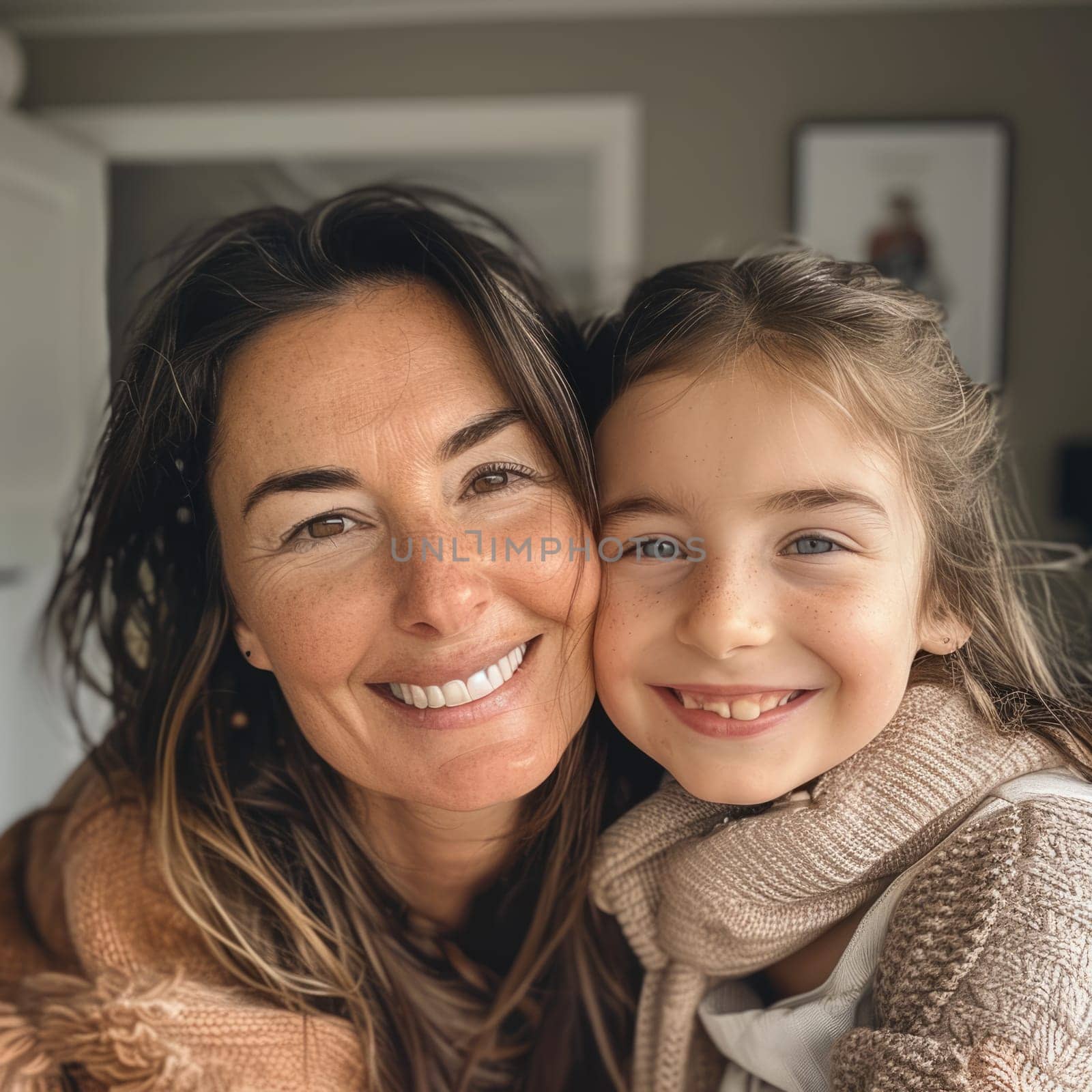 Happy mother's day! Child daughter congratulates mom and gives her flowers. Mum and girl smiling and hugging. Family holiday and togetherness. ai generated