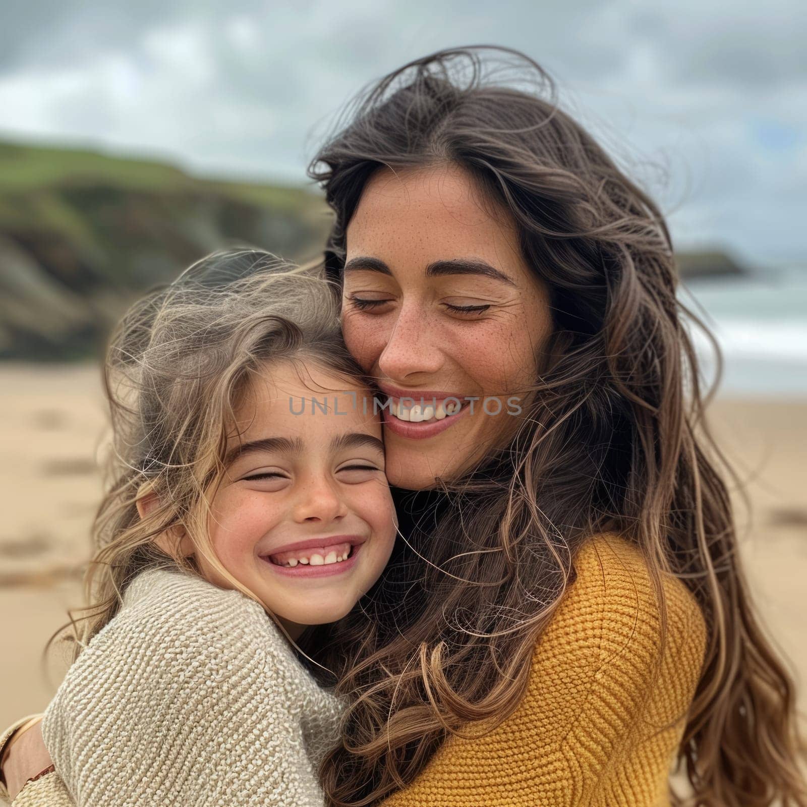 Happy mother's day! Child daughter congratulates mom and gives her flowers. Mum and girl smiling and hugging. Family holiday and togetherness. ai generated