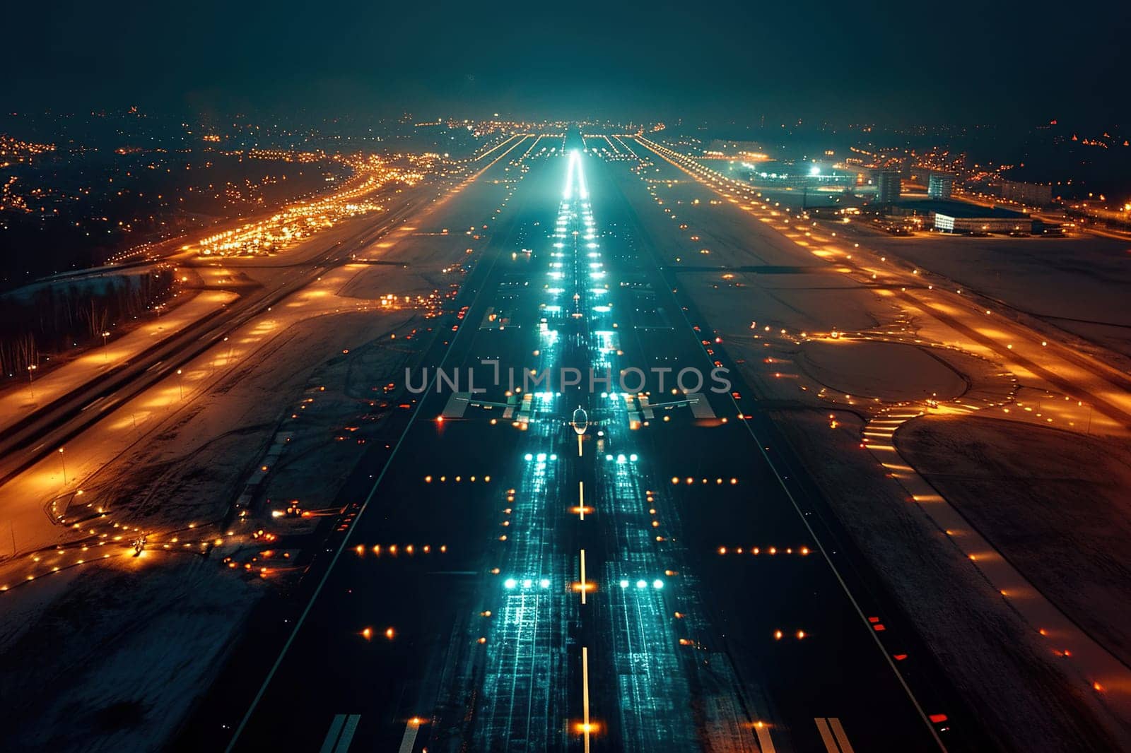 Beautiful top view of the airport runways at night.