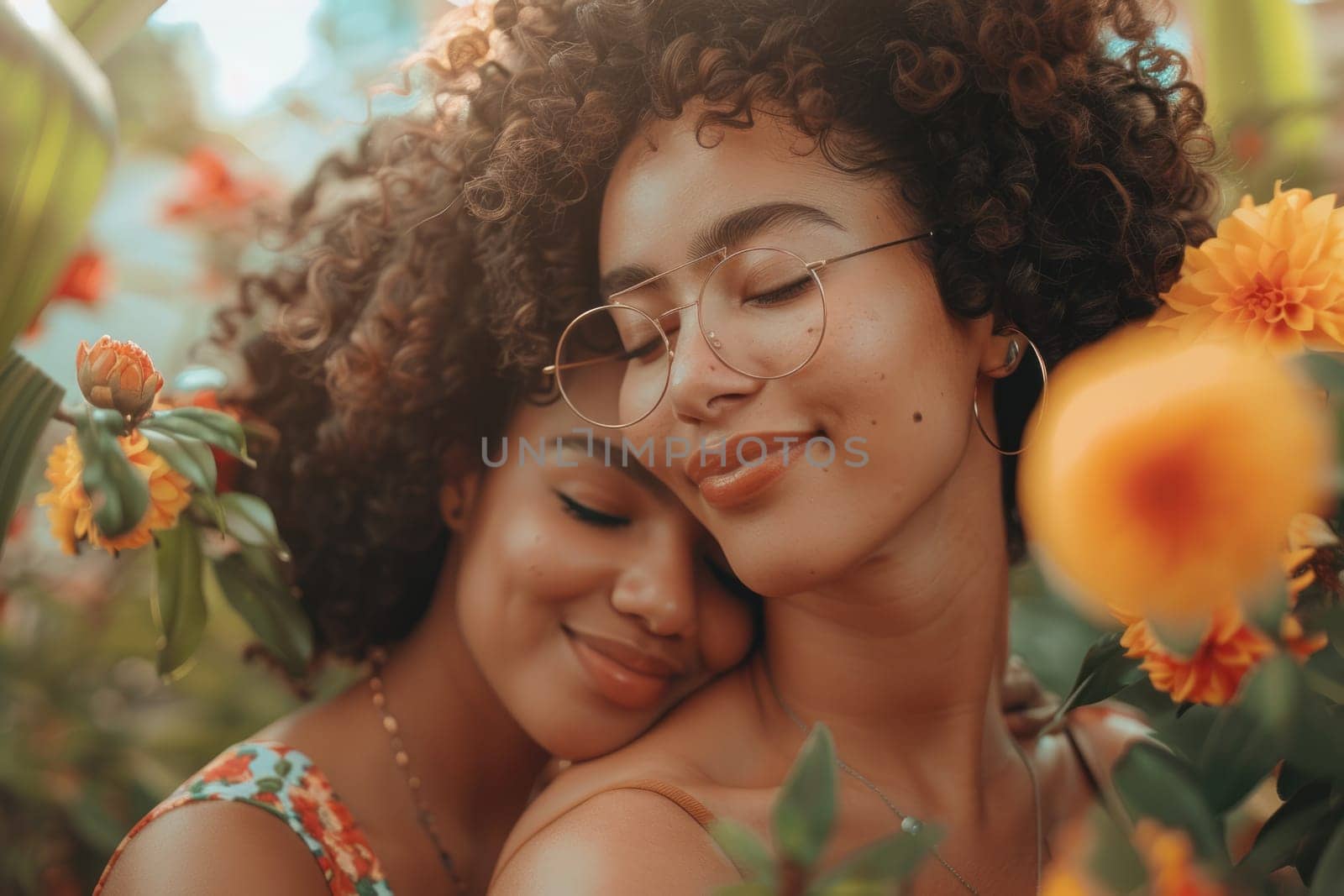 Happy mother's day! Child daughter congratulates mom and gives her flowers. Mum and girl smiling and hugging. Family holiday and togetherness. ai generated