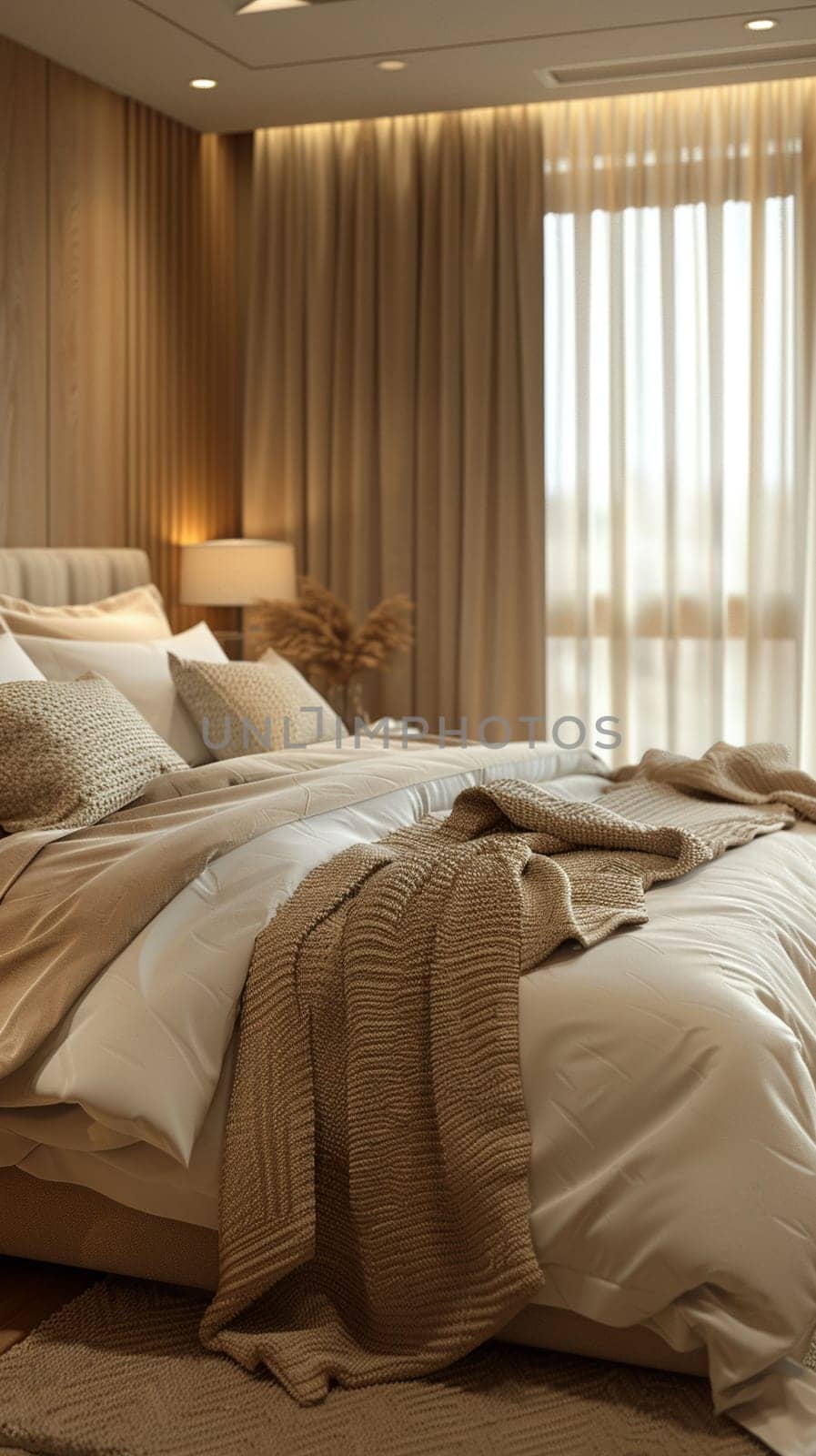 Understated luxury hotel suite with subtle textures and neutral tones by Benzoix