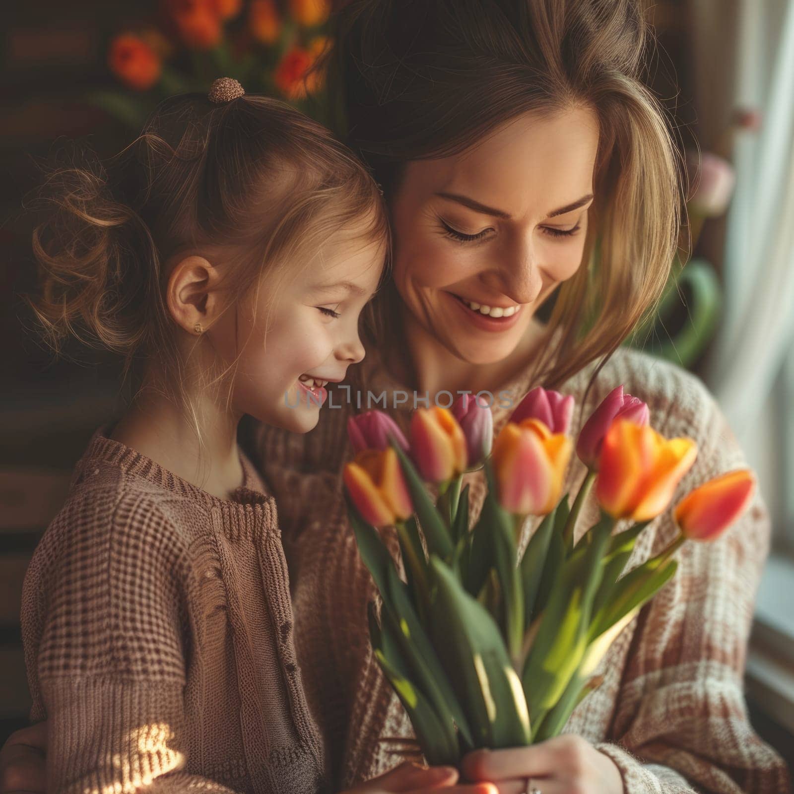 Happy mother's day! Child daughter congratulates mom and gives her flowers. Mum and girl smiling and hugging. Family holiday and togetherness. ai generated
