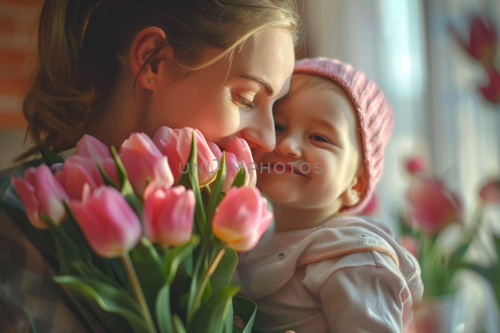 Happy mother's day! Child daughter congratulates mom and gives her flowers. Mum and girl smiling and hugging. Family holiday and togetherness. ai generated