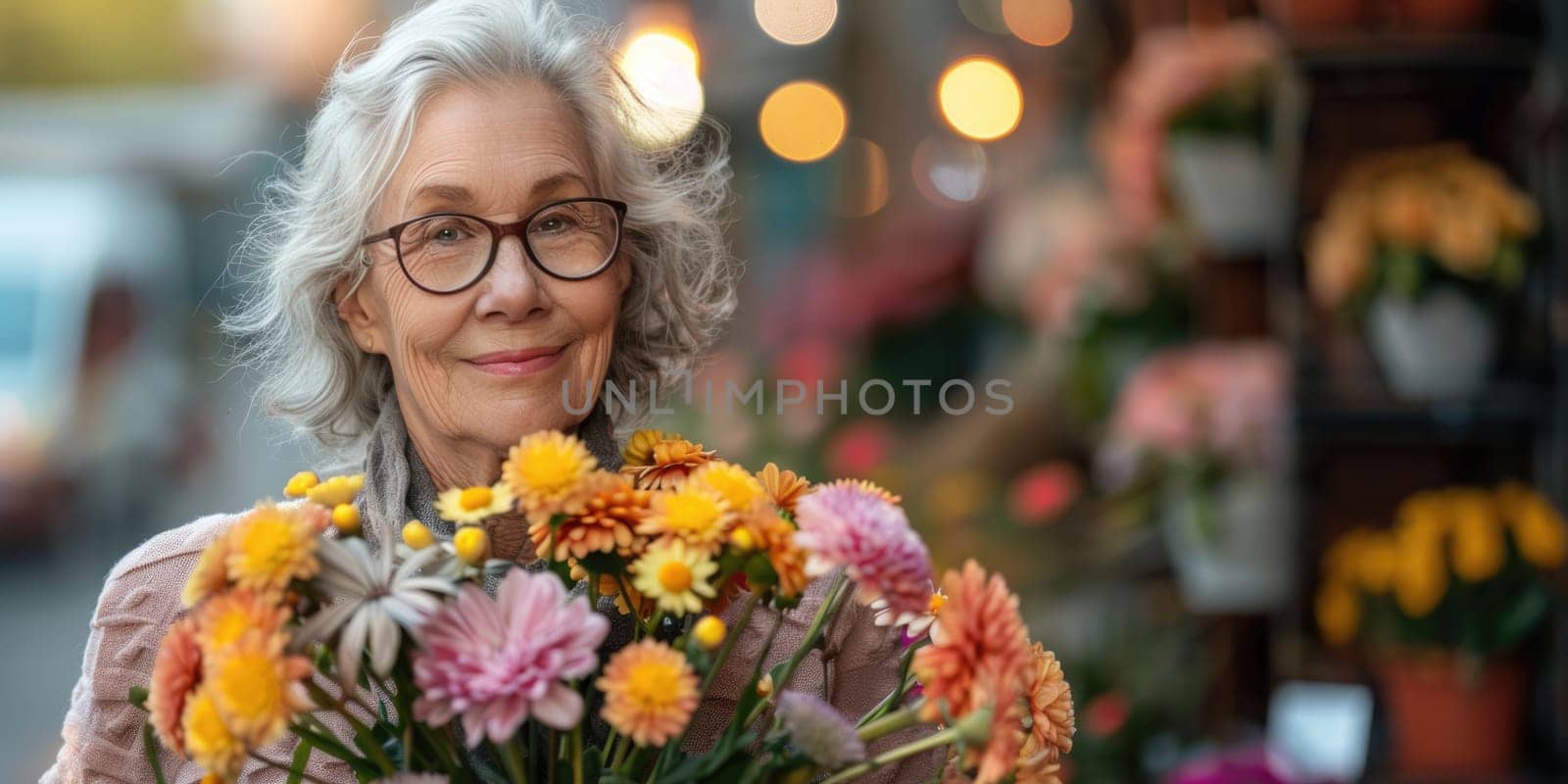 portrait of happy mature woman with flowers outdoors. ai generated by Desperada