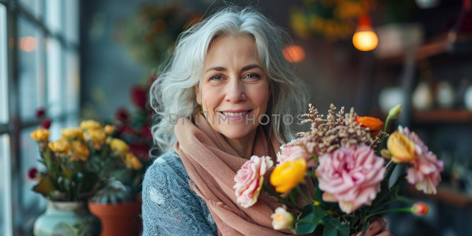 portrait of happy mature woman with flowers outdoors. ai generated by Desperada