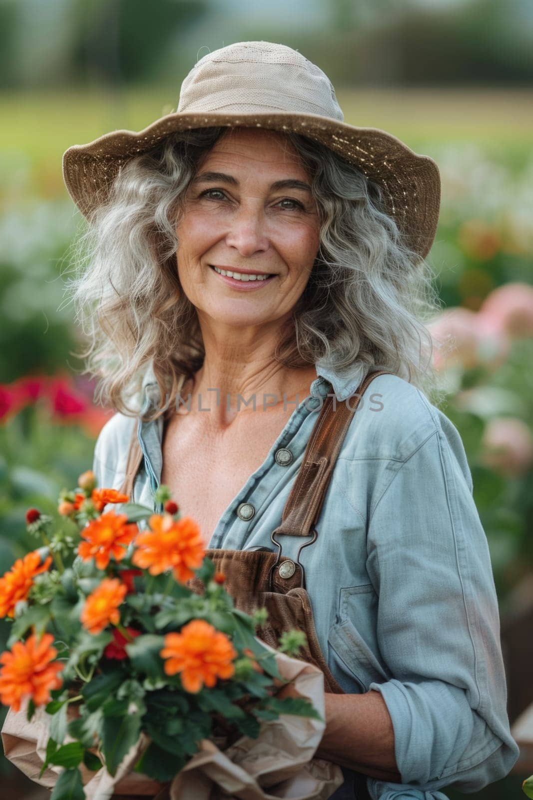 portrait of happy mature woman with flowers outdoors. ai generated by Desperada